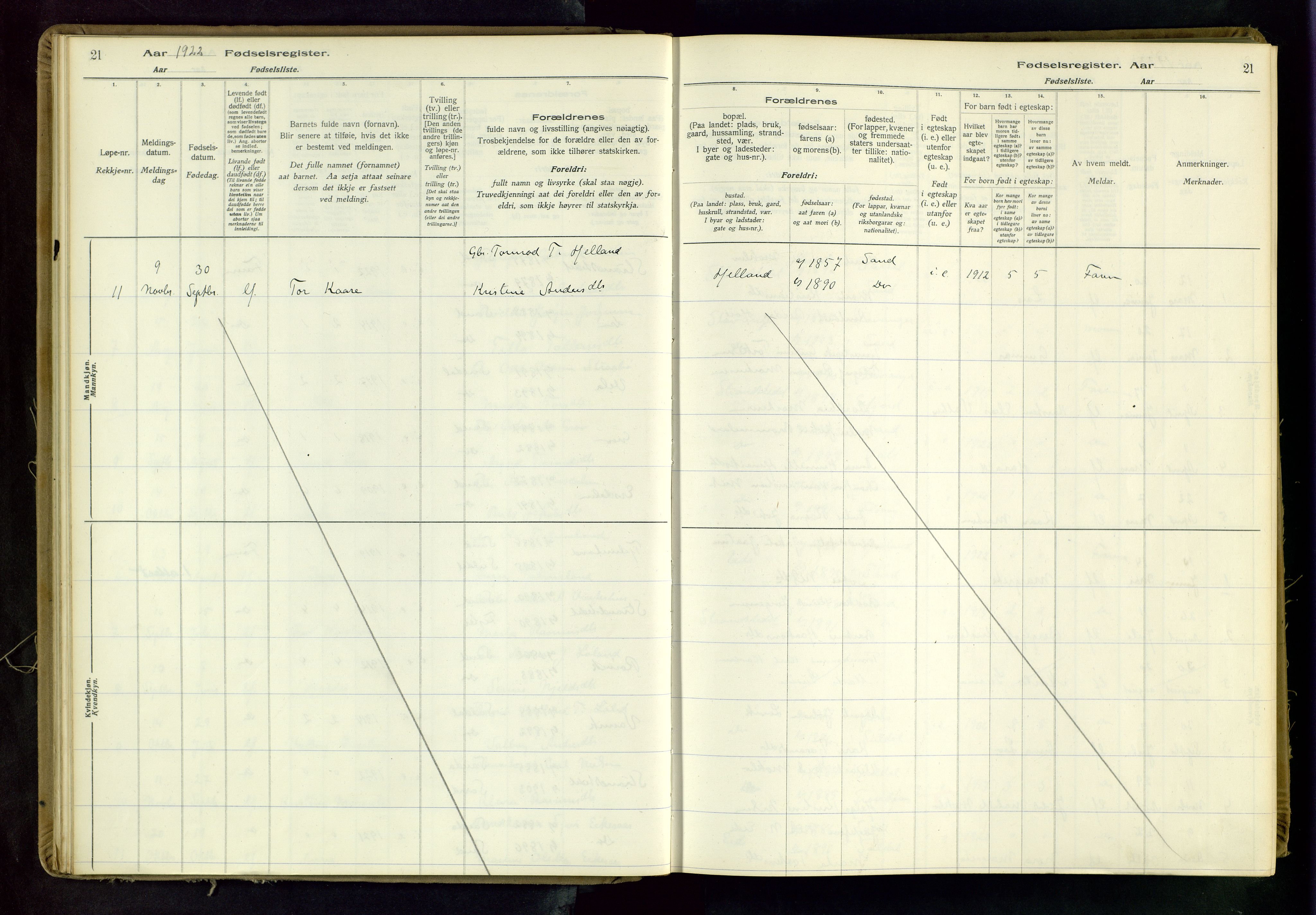 Suldal sokneprestkontor, AV/SAST-A-101845/03/A/L0001: Birth register no. 1, 1916-1982, p. 21