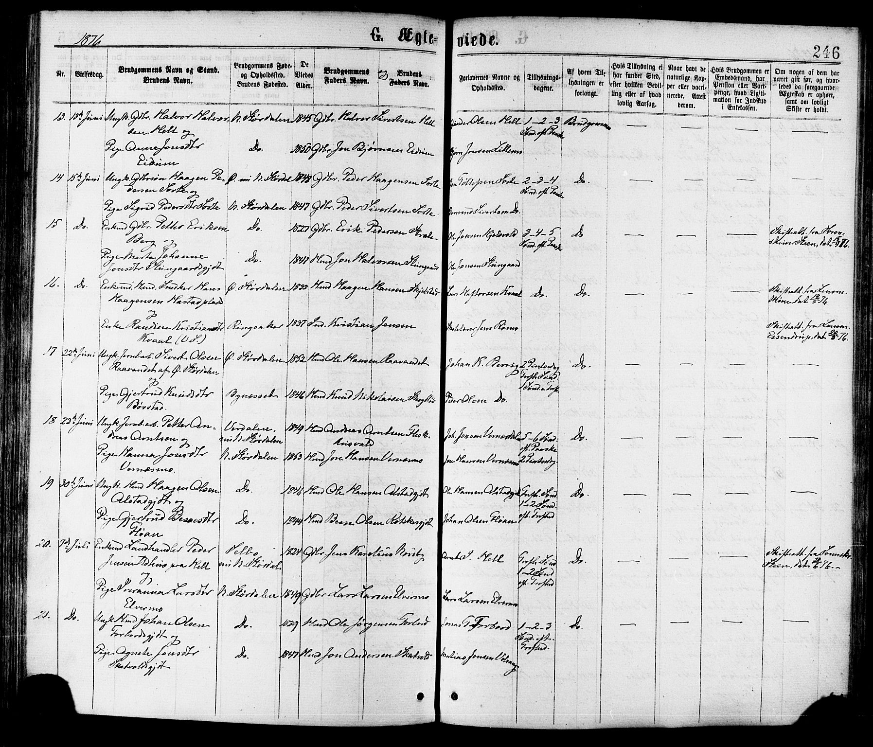 Ministerialprotokoller, klokkerbøker og fødselsregistre - Nord-Trøndelag, AV/SAT-A-1458/709/L0076: Parish register (official) no. 709A16, 1871-1879, p. 246