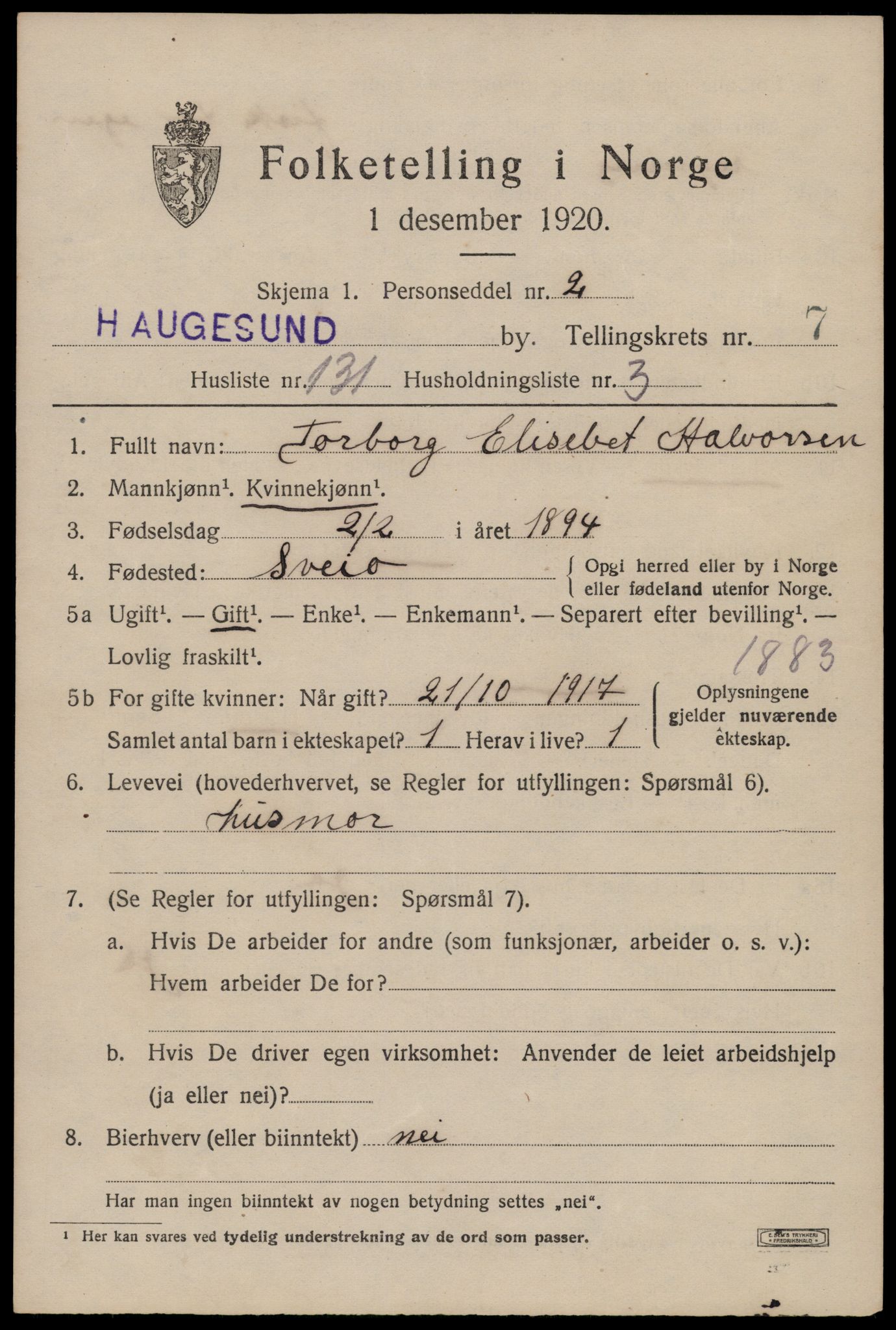 SAST, 1920 census for Haugesund, 1920, p. 27445