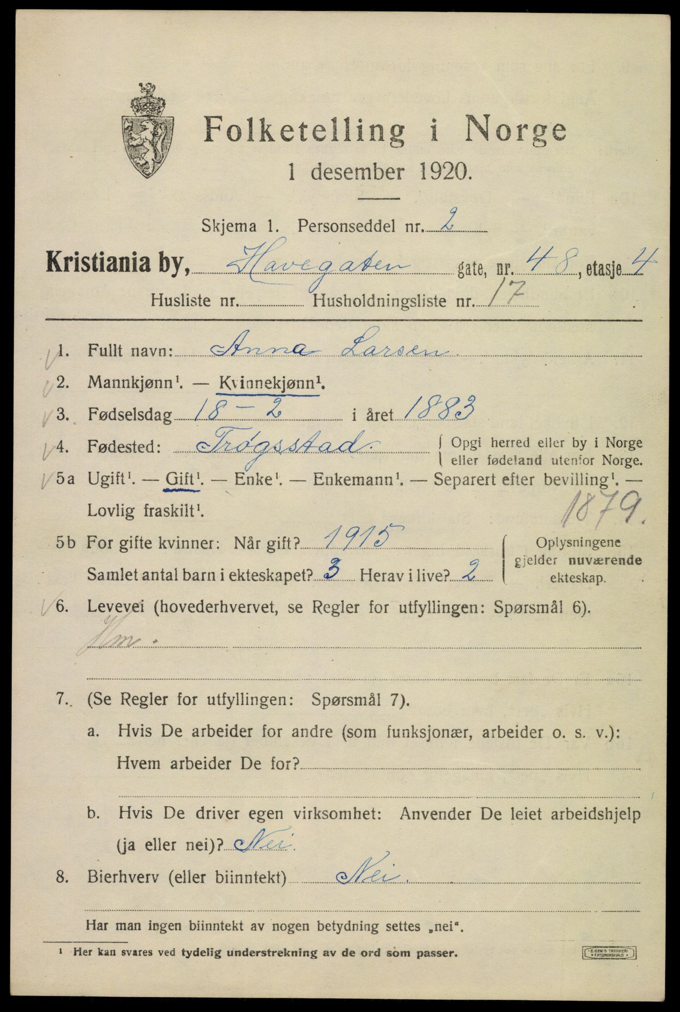 SAO, 1920 census for Kristiania, 1920, p. 276133