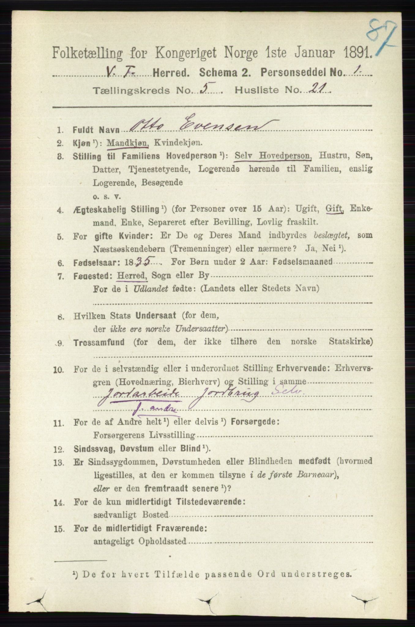 RA, 1891 census for 0529 Vestre Toten, 1891, p. 3328
