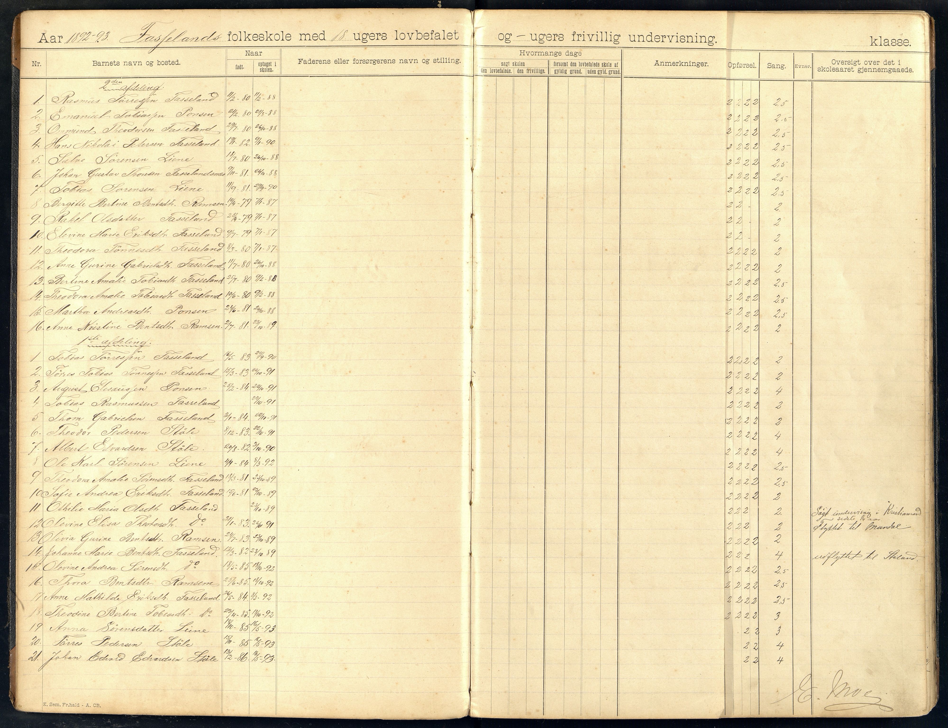 Sør-Audnedal kommune - Fasseland Skole, ARKSOR/1029SØ551/G/L0001: Skoleprotokoll, 1892-1915