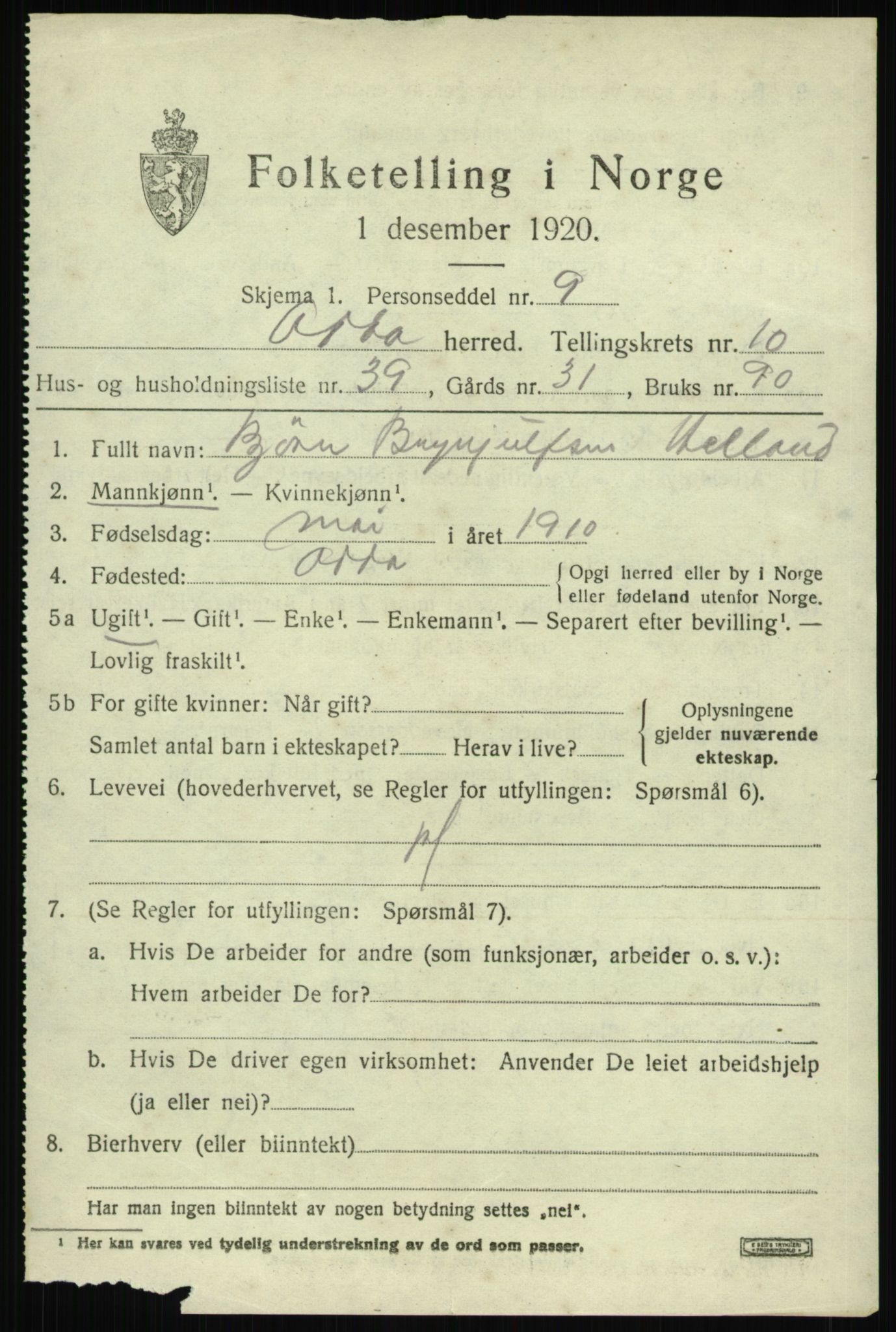 SAB, 1920 census for Odda, 1920, p. 10789