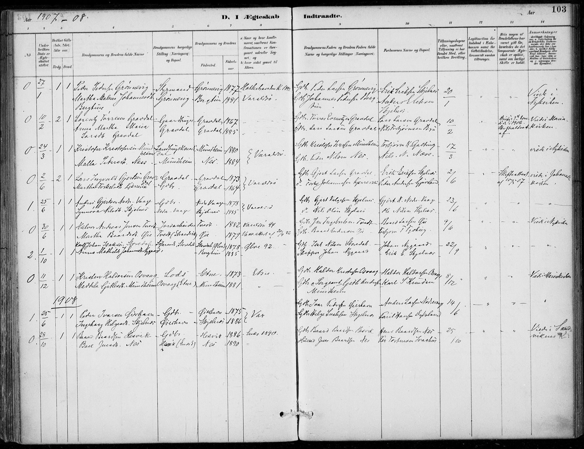 Strandebarm sokneprestembete, AV/SAB-A-78401/H/Haa: Parish register (official) no. D  1, 1886-1912, p. 103