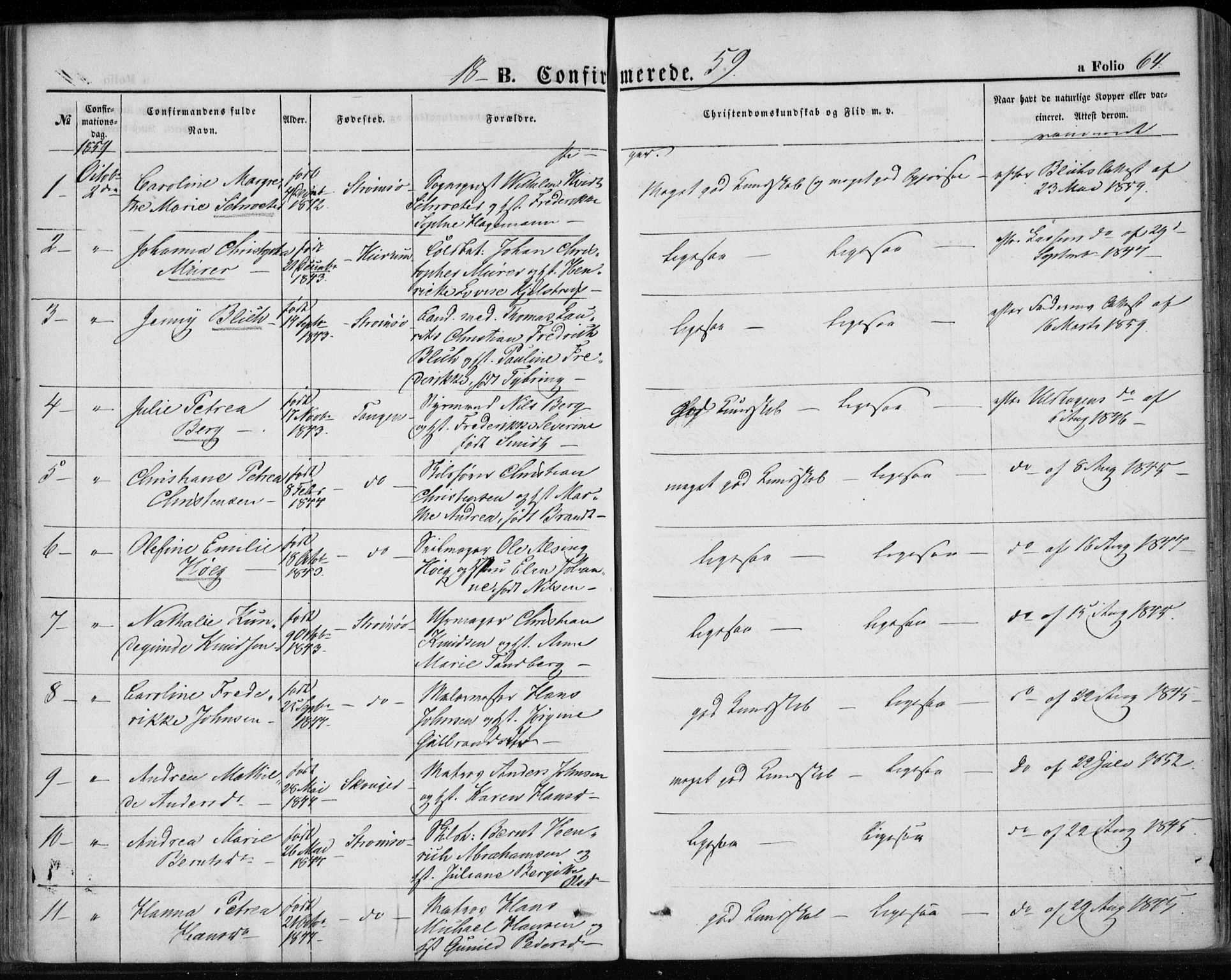 Strømsø kirkebøker, AV/SAKO-A-246/F/Fa/L0017: Parish register (official) no. I 17, 1848-1865, p. 64