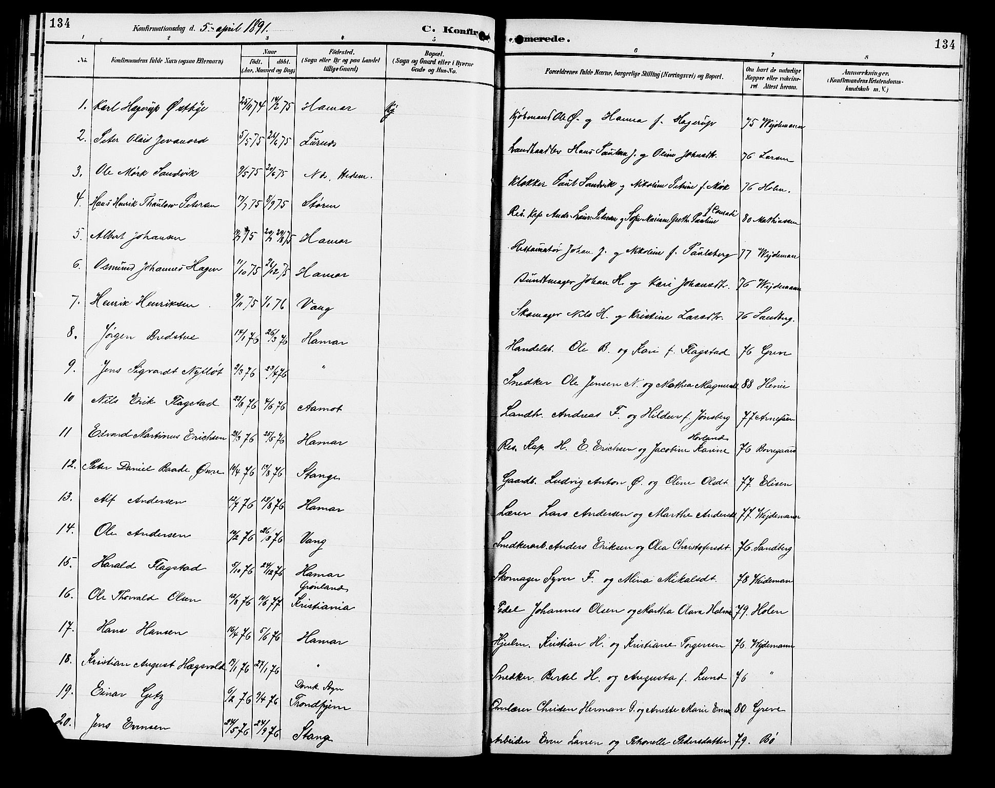 Vang prestekontor, Hedmark, SAH/PREST-008/H/Ha/Hab/L0013: Parish register (copy) no. 13, 1890-1899, p. 134