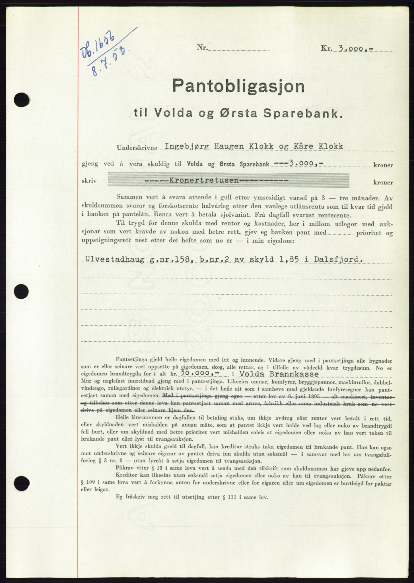 Søre Sunnmøre sorenskriveri, SAT/A-4122/1/2/2C/L0123: Mortgage book no. 11B, 1953-1953, Diary no: : 1656/1953