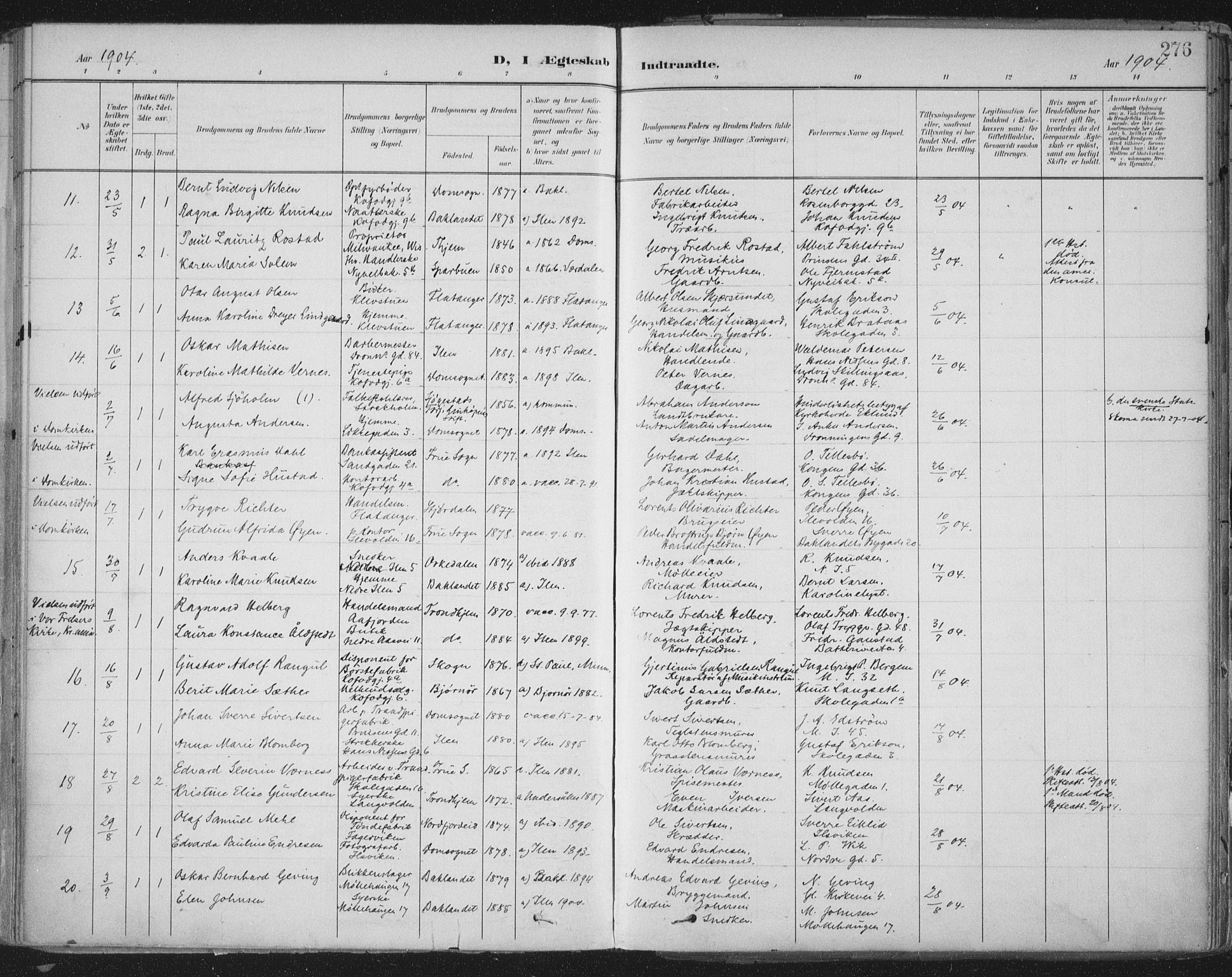 Ministerialprotokoller, klokkerbøker og fødselsregistre - Sør-Trøndelag, SAT/A-1456/603/L0167: Parish register (official) no. 603A06, 1896-1932, p. 276