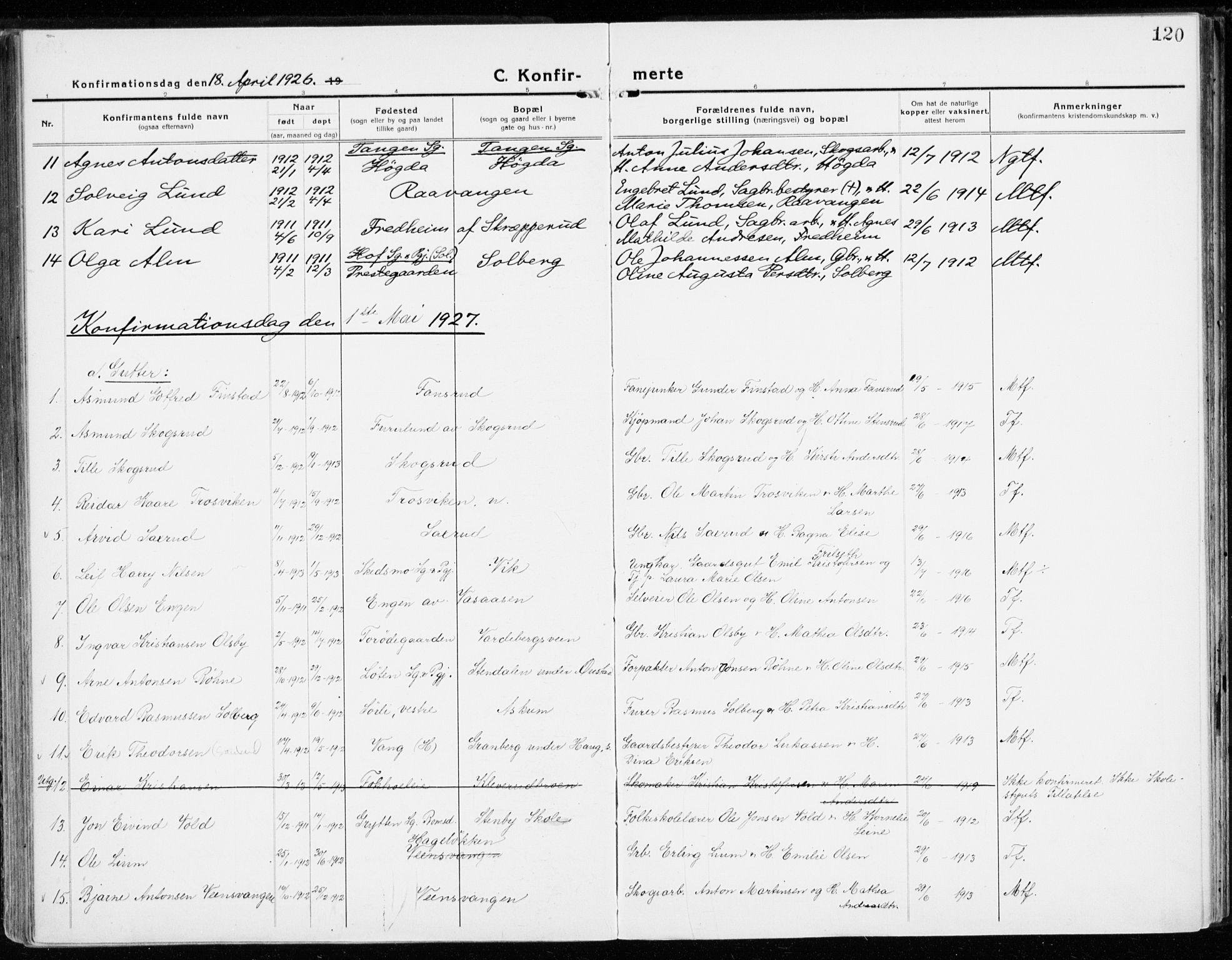 Stange prestekontor, SAH/PREST-002/K/L0025: Parish register (official) no. 25, 1921-1945, p. 120
