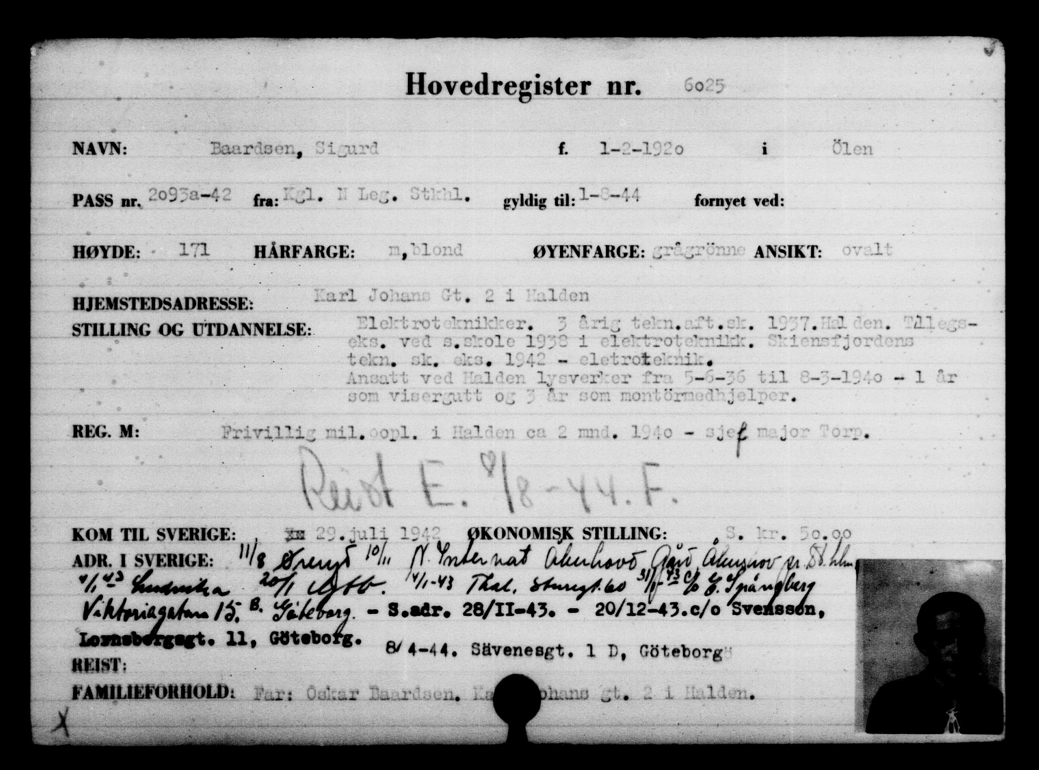 Utenriksstasjonene, Legasjonen i Stockholm, Flyktningkontoret, AV/RA-S-6753/V/Va/L0004: Kjesäterkartoteket, flyktninger med registreringsnr. 3496-6610, 1940-1945, p. 2958