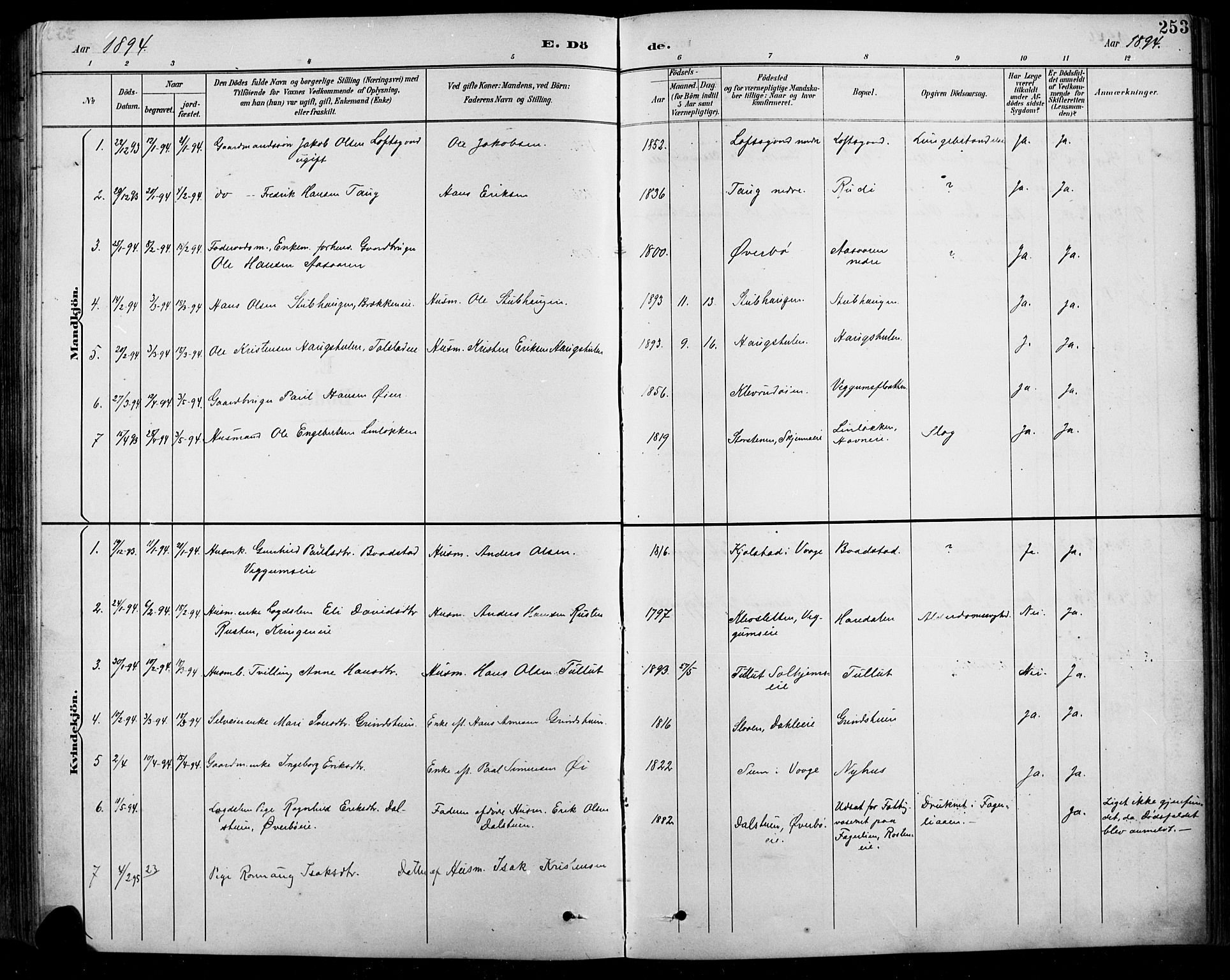 Sel prestekontor, SAH/PREST-074/H/Ha/Hab/L0001: Parish register (copy) no. 1, 1894-1923, p. 253