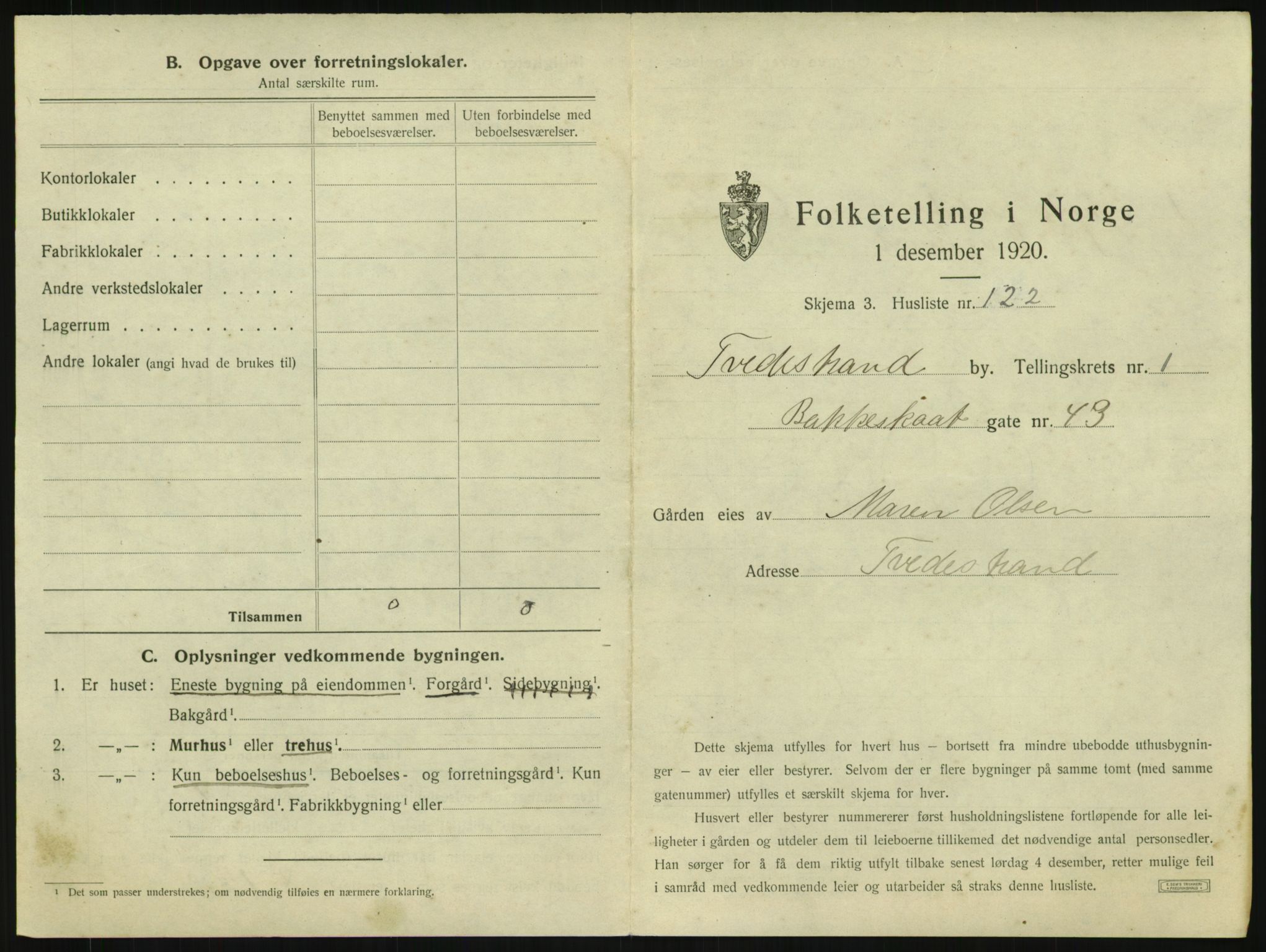 SAK, 1920 census for Tvedestrand, 1920, p. 265