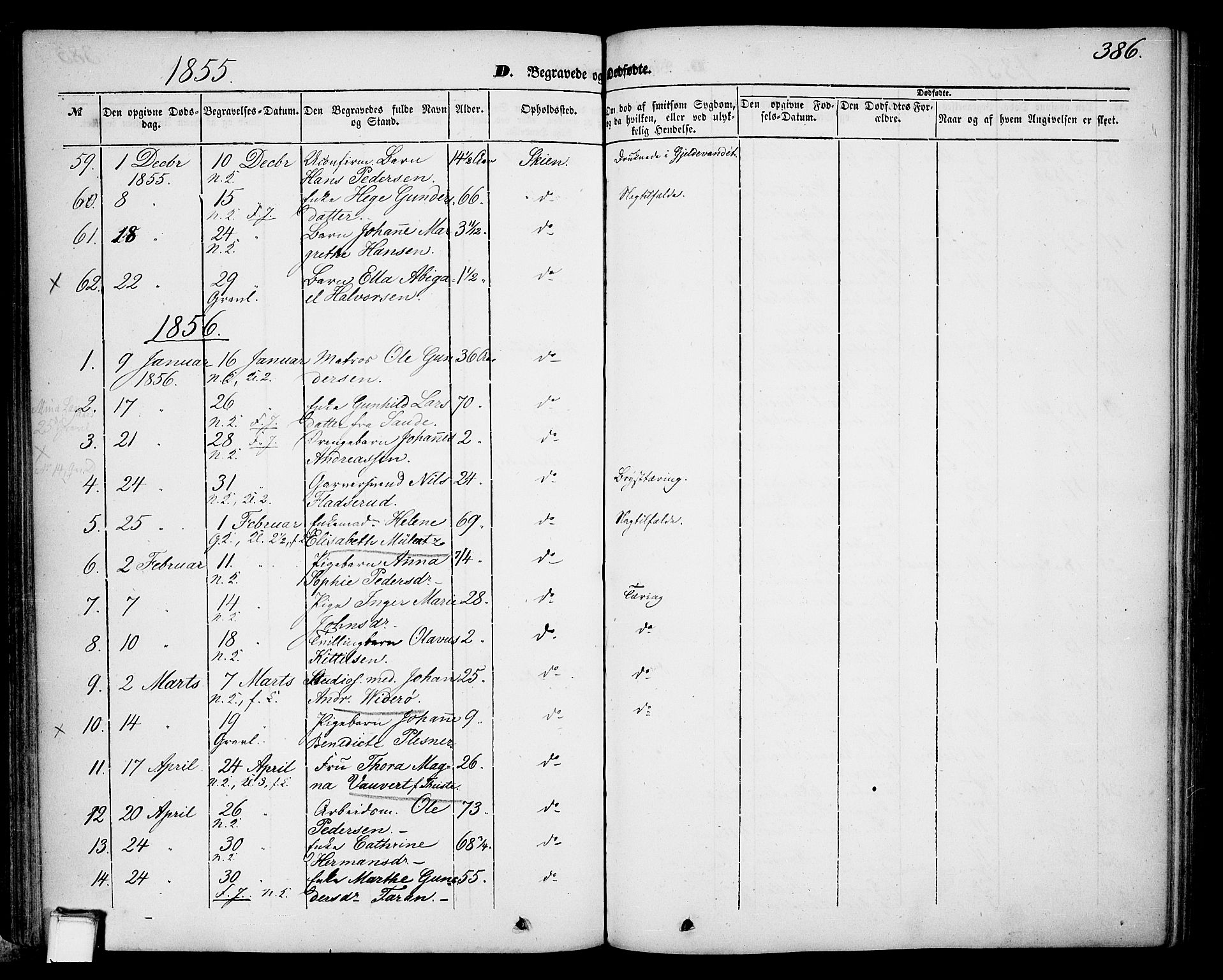 Skien kirkebøker, SAKO/A-302/G/Ga/L0004: Parish register (copy) no. 4, 1843-1867, p. 386