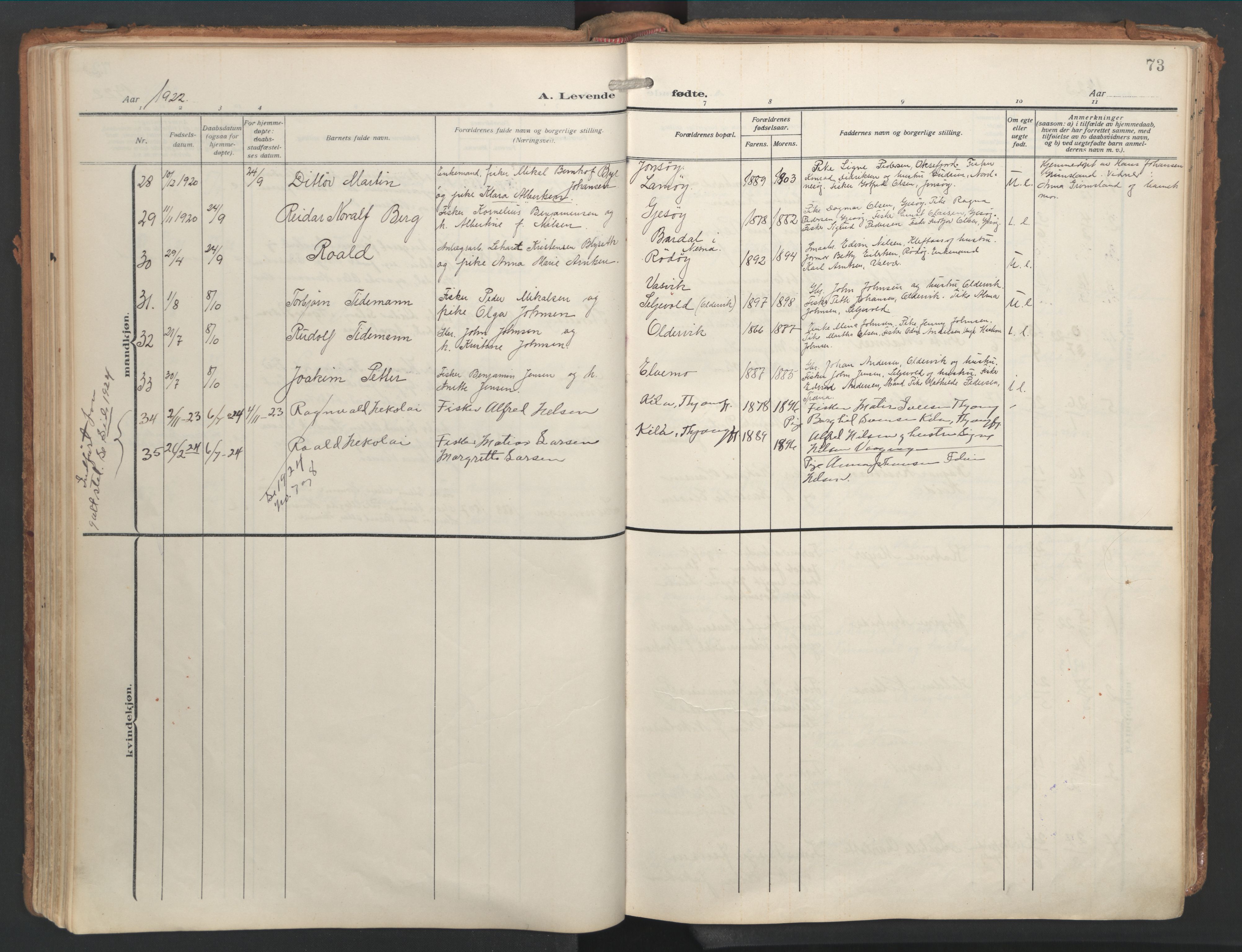 Ministerialprotokoller, klokkerbøker og fødselsregistre - Nordland, AV/SAT-A-1459/841/L0614: Parish register (official) no. 841A17, 1911-1925, p. 73