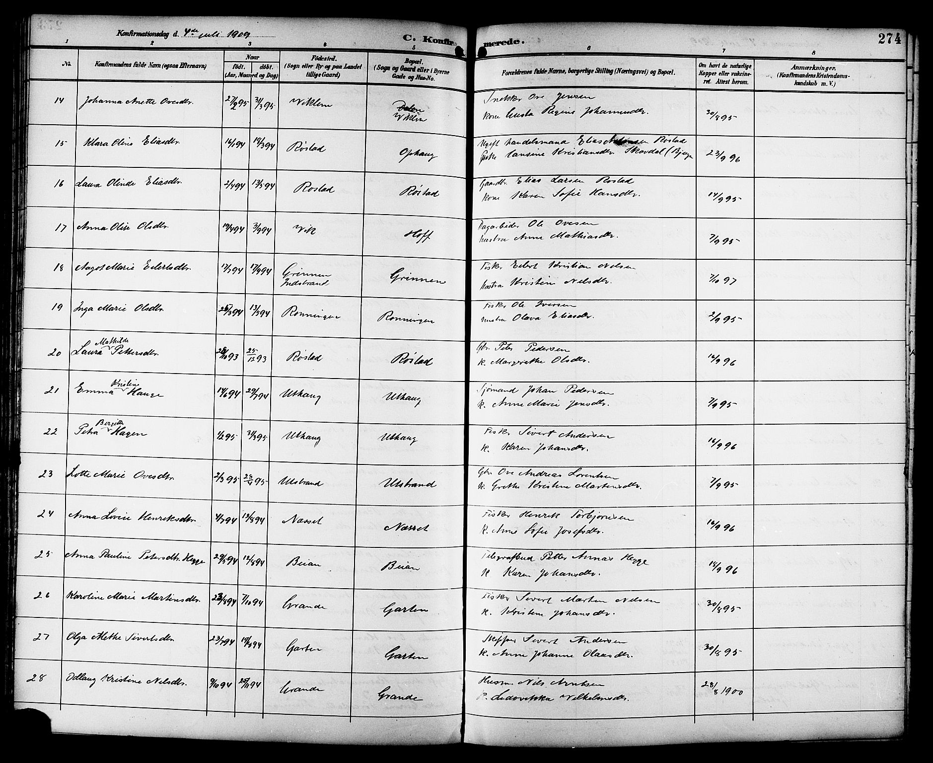 Ministerialprotokoller, klokkerbøker og fødselsregistre - Sør-Trøndelag, SAT/A-1456/659/L0746: Parish register (copy) no. 659C03, 1893-1912, p. 274