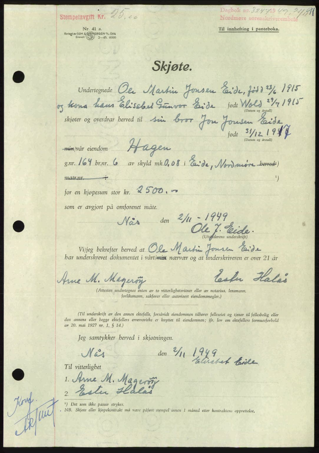 Nordmøre sorenskriveri, AV/SAT-A-4132/1/2/2Ca: Mortgage book no. A113, 1949-1950, Diary no: : 3247/1949