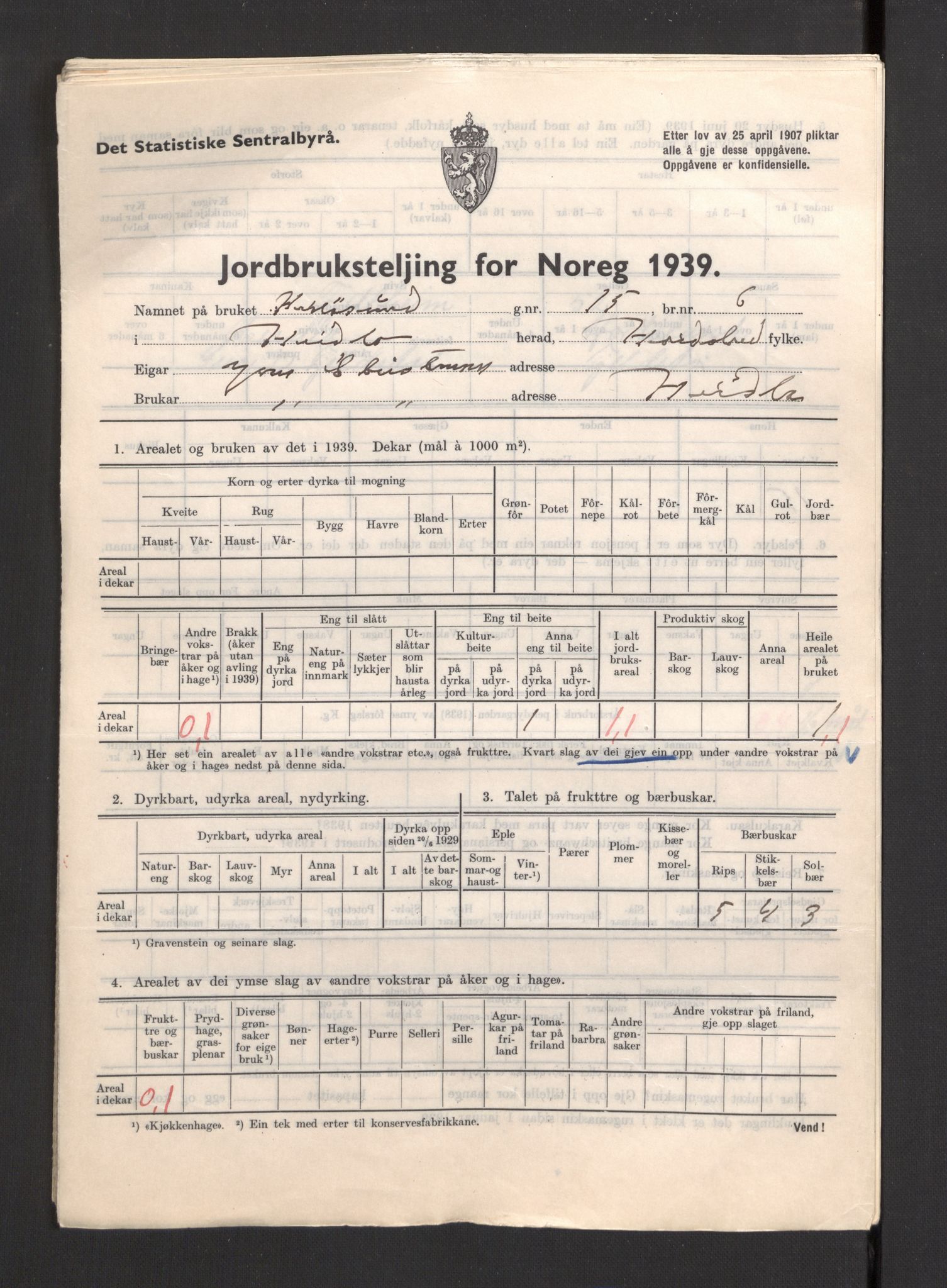 Statistisk sentralbyrå, Næringsøkonomiske emner, Jordbruk, skogbruk, jakt, fiske og fangst, AV/RA-S-2234/G/Gb/L0211: Hordaland: Herdla, Hjelme og Manger, 1939, p. 9