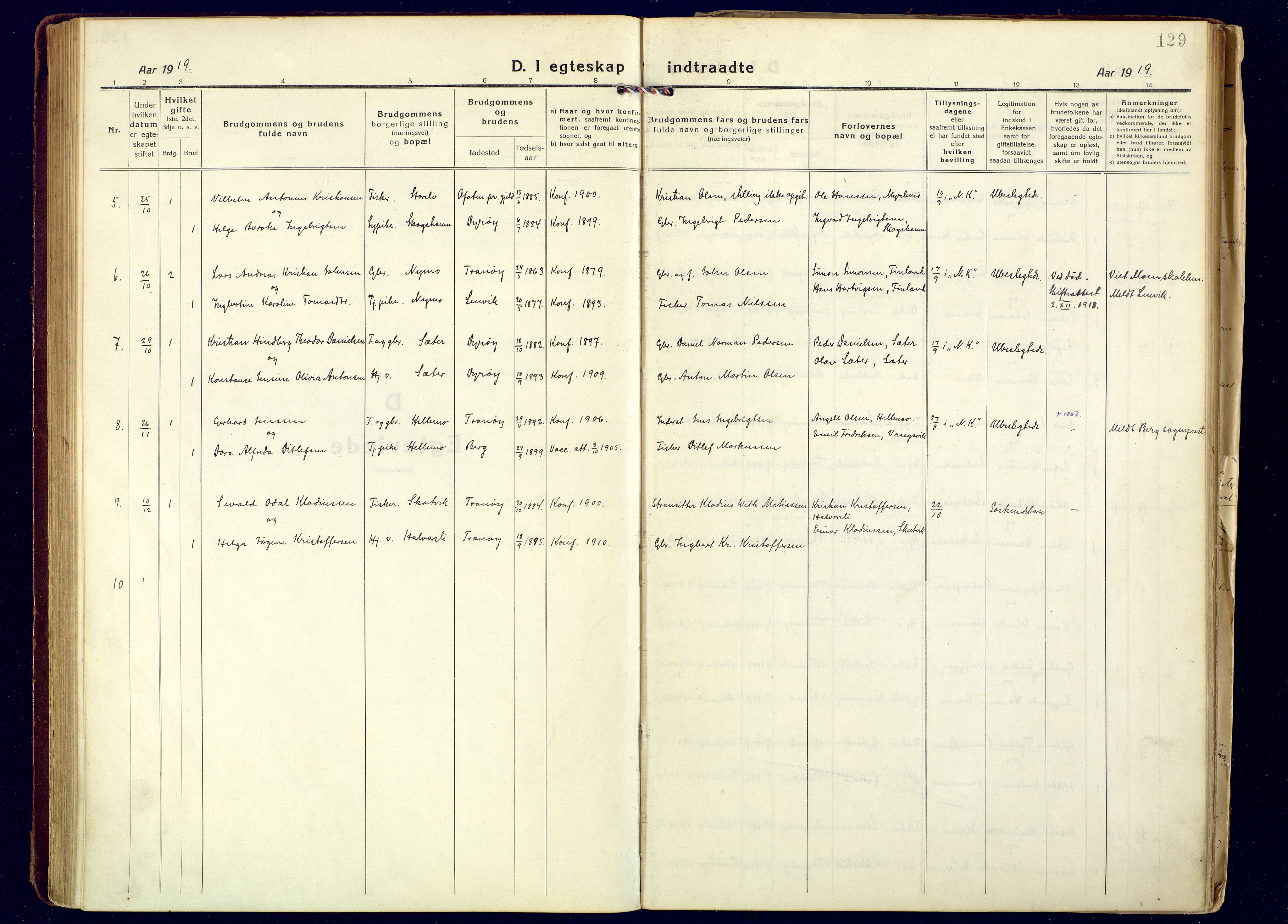 Tranøy sokneprestkontor, SATØ/S-1313/I/Ia/Iaa/L0016kirke: Parish register (official) no. 16, 1919-1932, p. 129