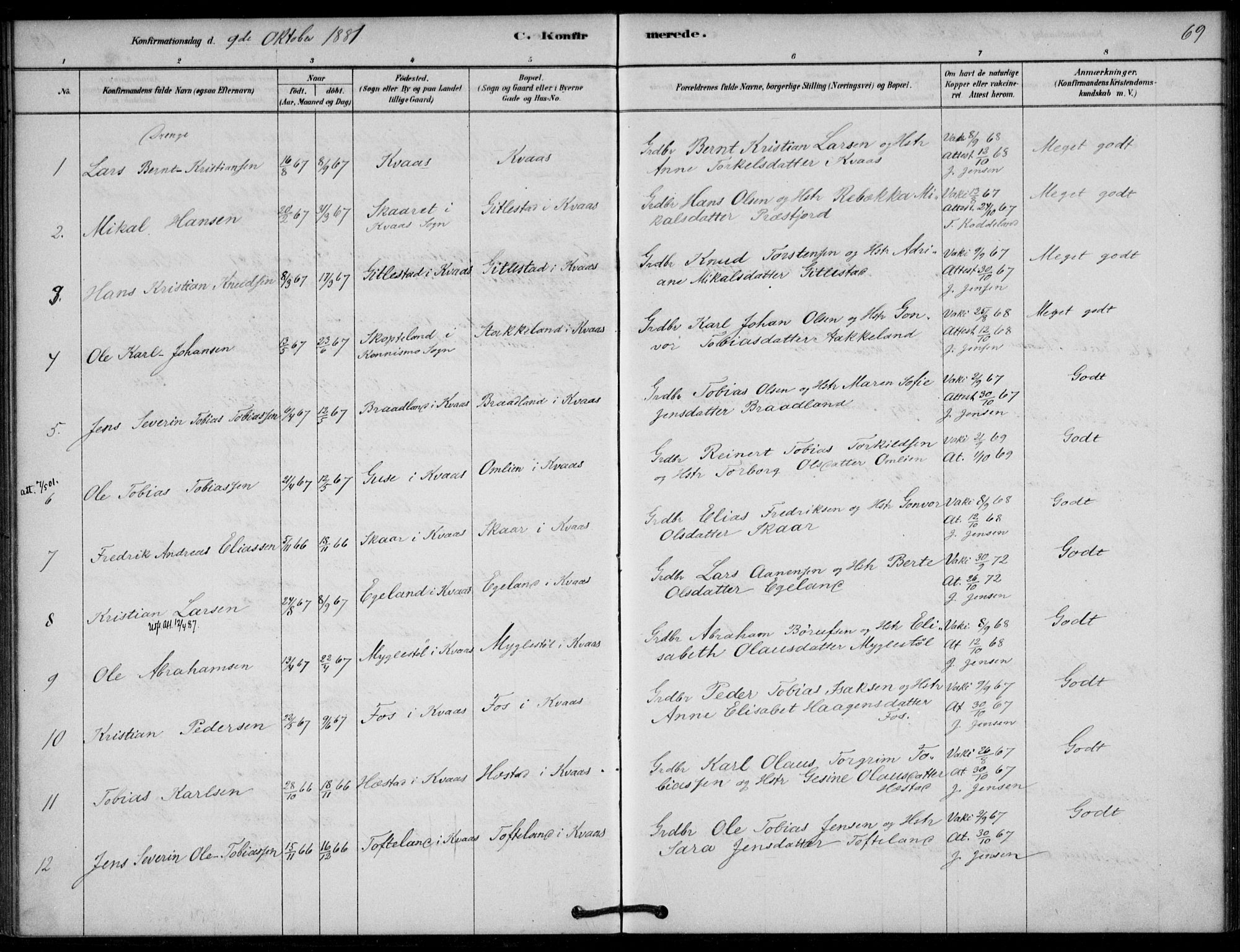 Lyngdal sokneprestkontor, SAK/1111-0029/F/Fa/Fab/L0003: Parish register (official) no. A 3, 1878-1903, p. 69
