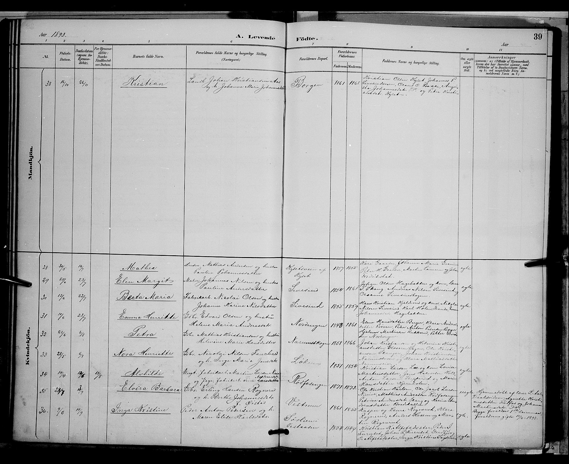 Vestre Toten prestekontor, AV/SAH-PREST-108/H/Ha/Hab/L0009: Parish register (copy) no. 9, 1888-1900, p. 39