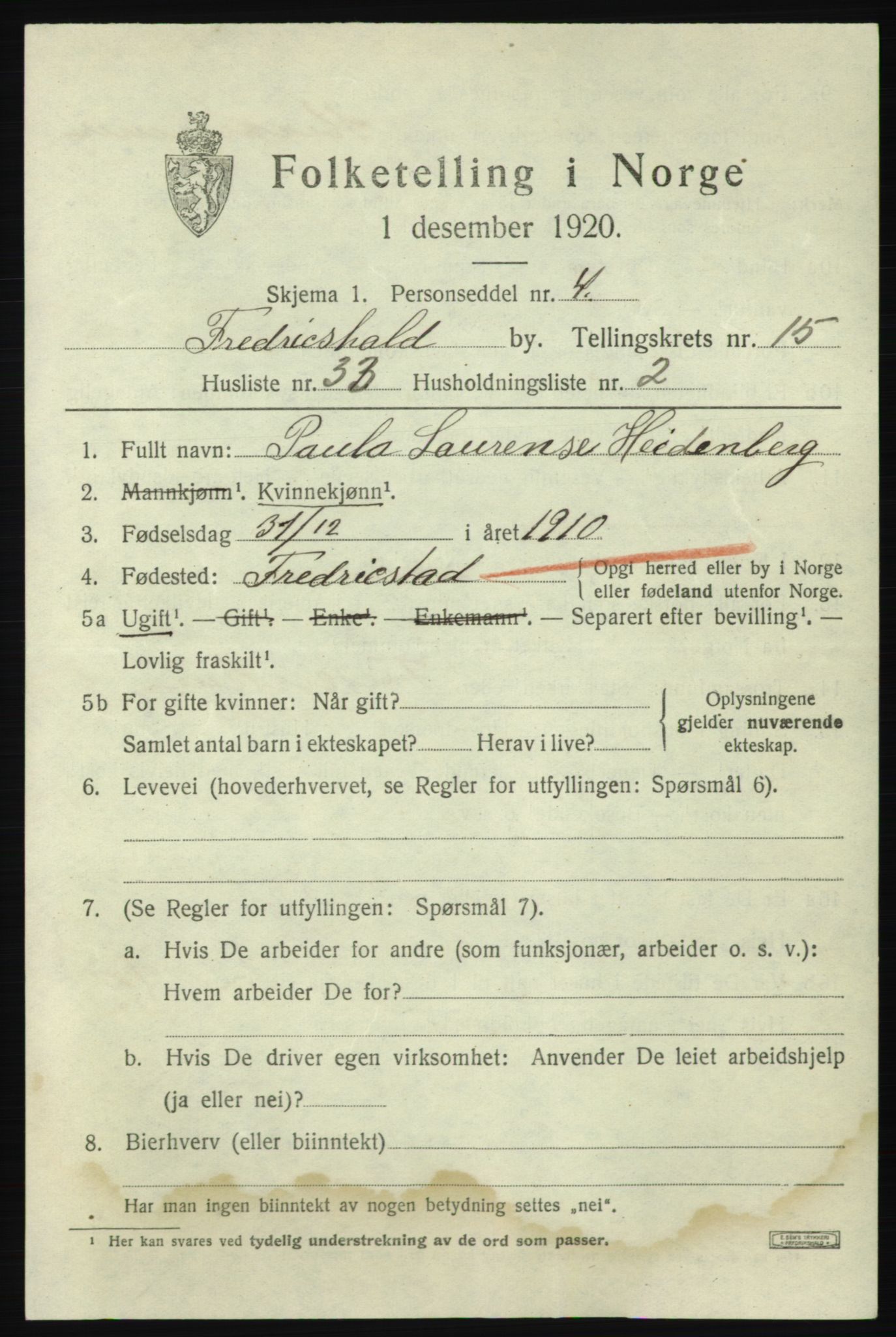 SAO, 1920 census for Fredrikshald, 1920, p. 23988