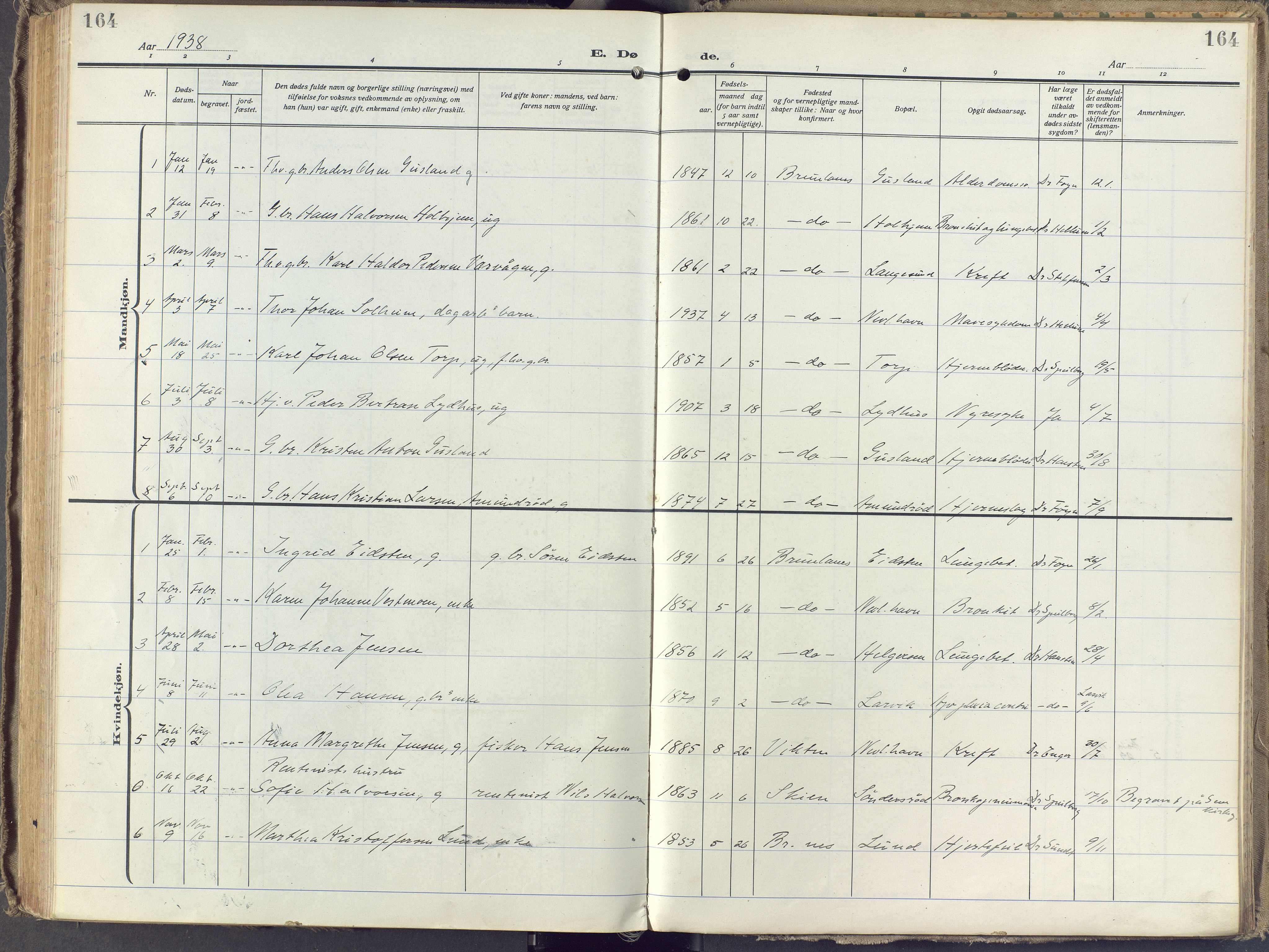 Brunlanes kirkebøker, AV/SAKO-A-342/F/Fb/L0004: Parish register (official) no. II 4, 1923-1940, p. 164