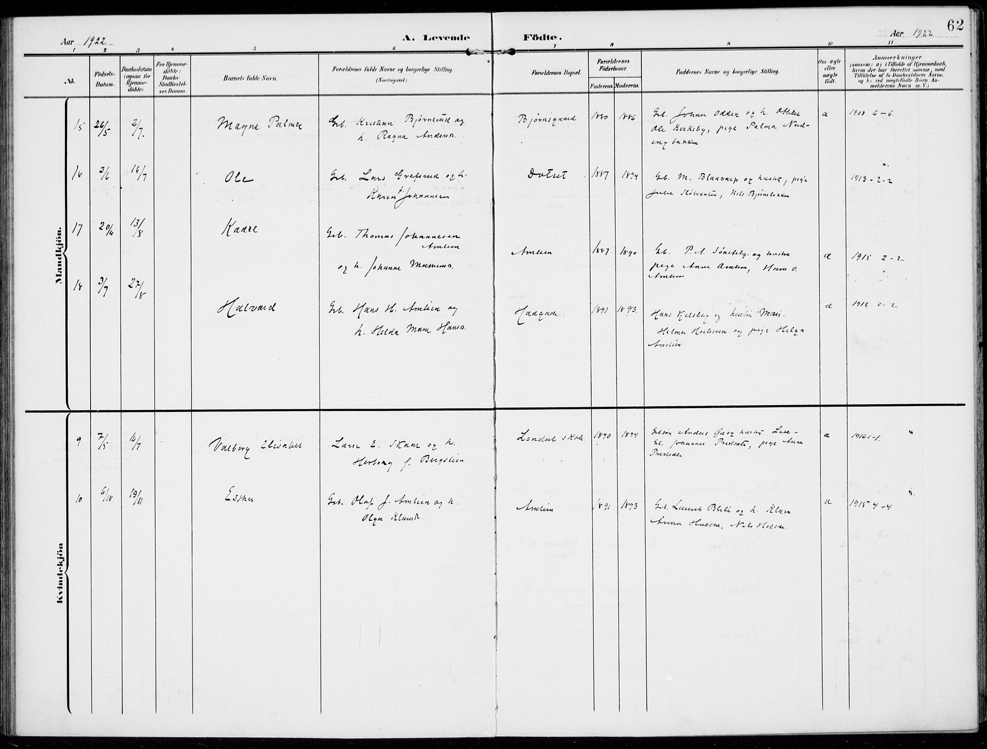 Kolbu prestekontor, AV/SAH-PREST-110/H/Ha/Haa/L0001: Parish register (official) no. 1, 1907-1923, p. 62