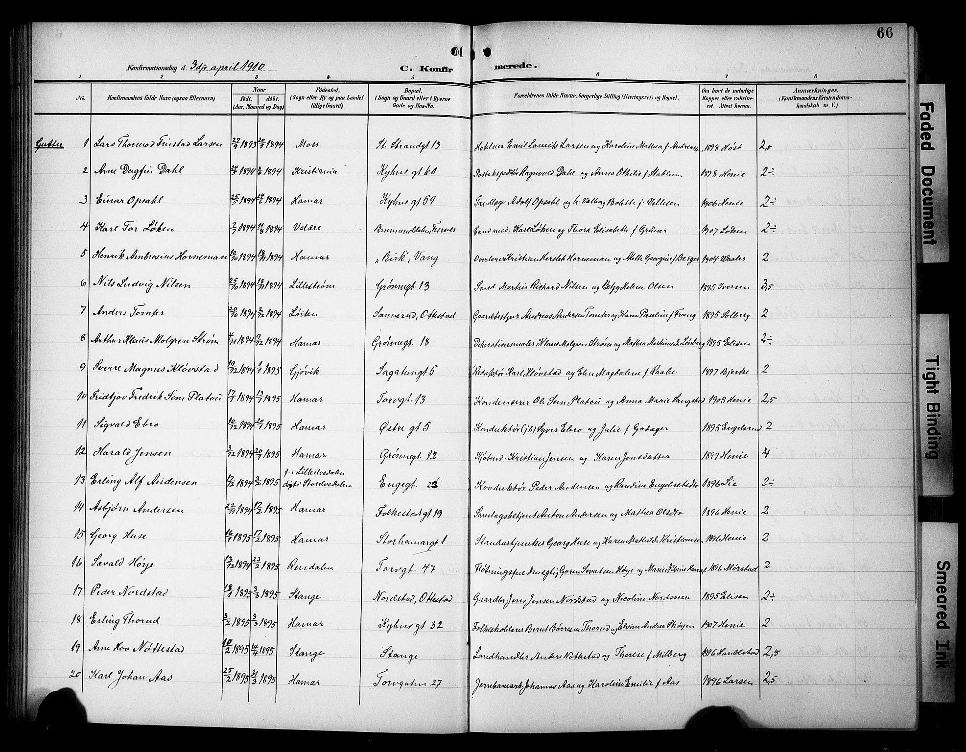Hamar prestekontor, SAH/DOMPH-002/H/Ha/Hab/L0002: Parish register (copy) no. 2, 1899-1929, p. 66