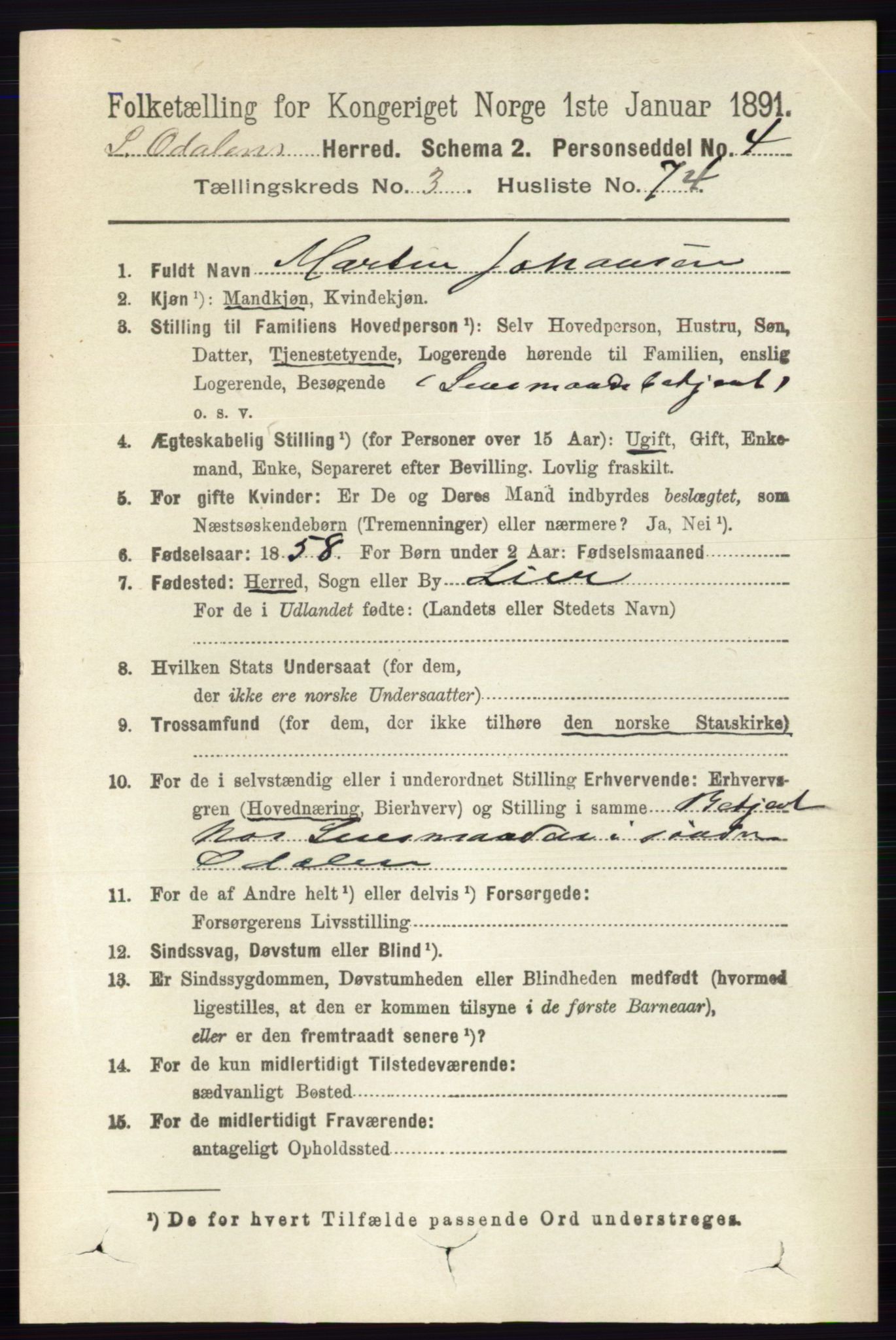 RA, 1891 census for 0419 Sør-Odal, 1891, p. 1640