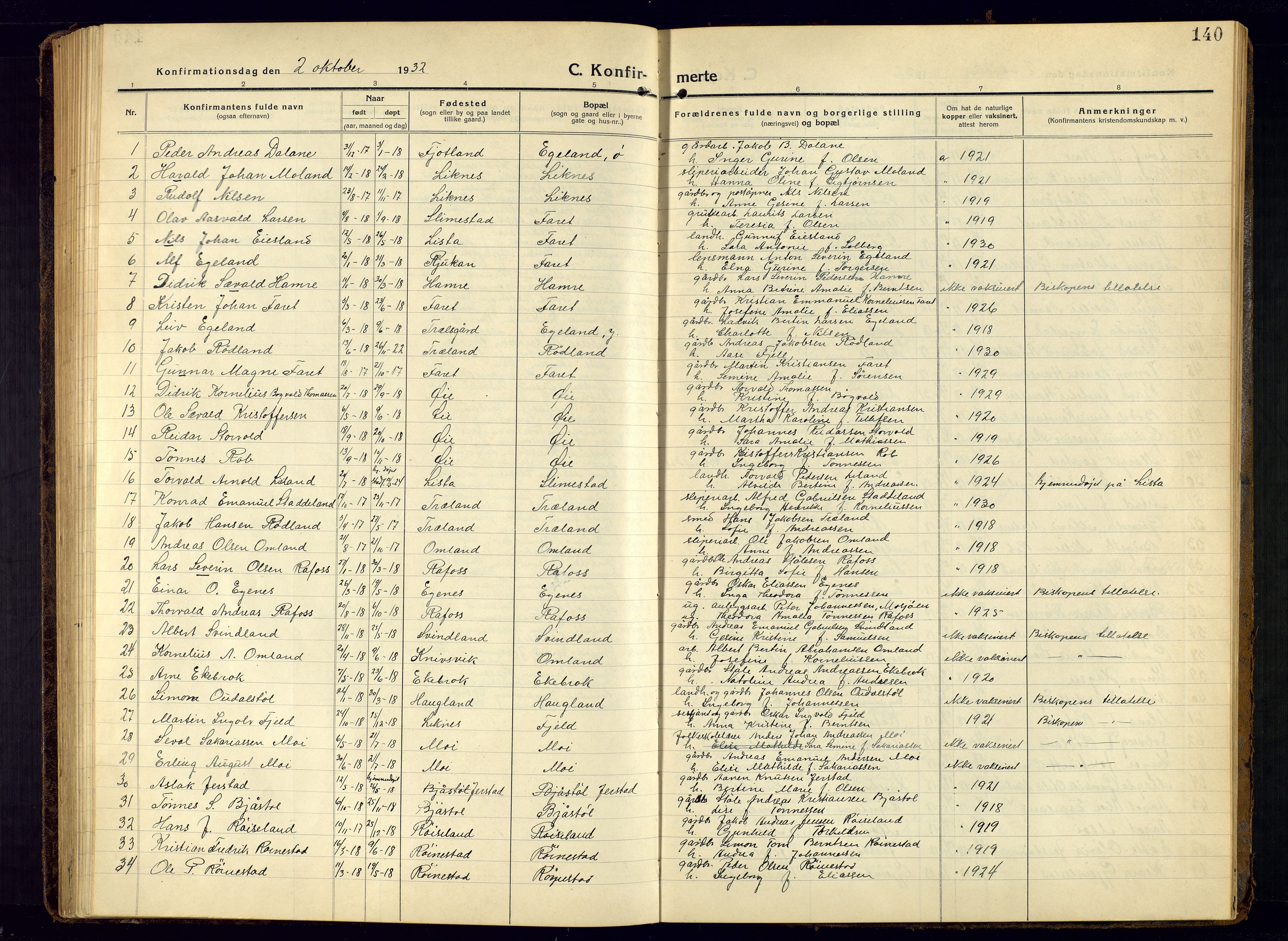 Kvinesdal sokneprestkontor, SAK/1111-0026/F/Fb/Fbb/L0004: Parish register (copy) no. B 4, 1917-1938, p. 140