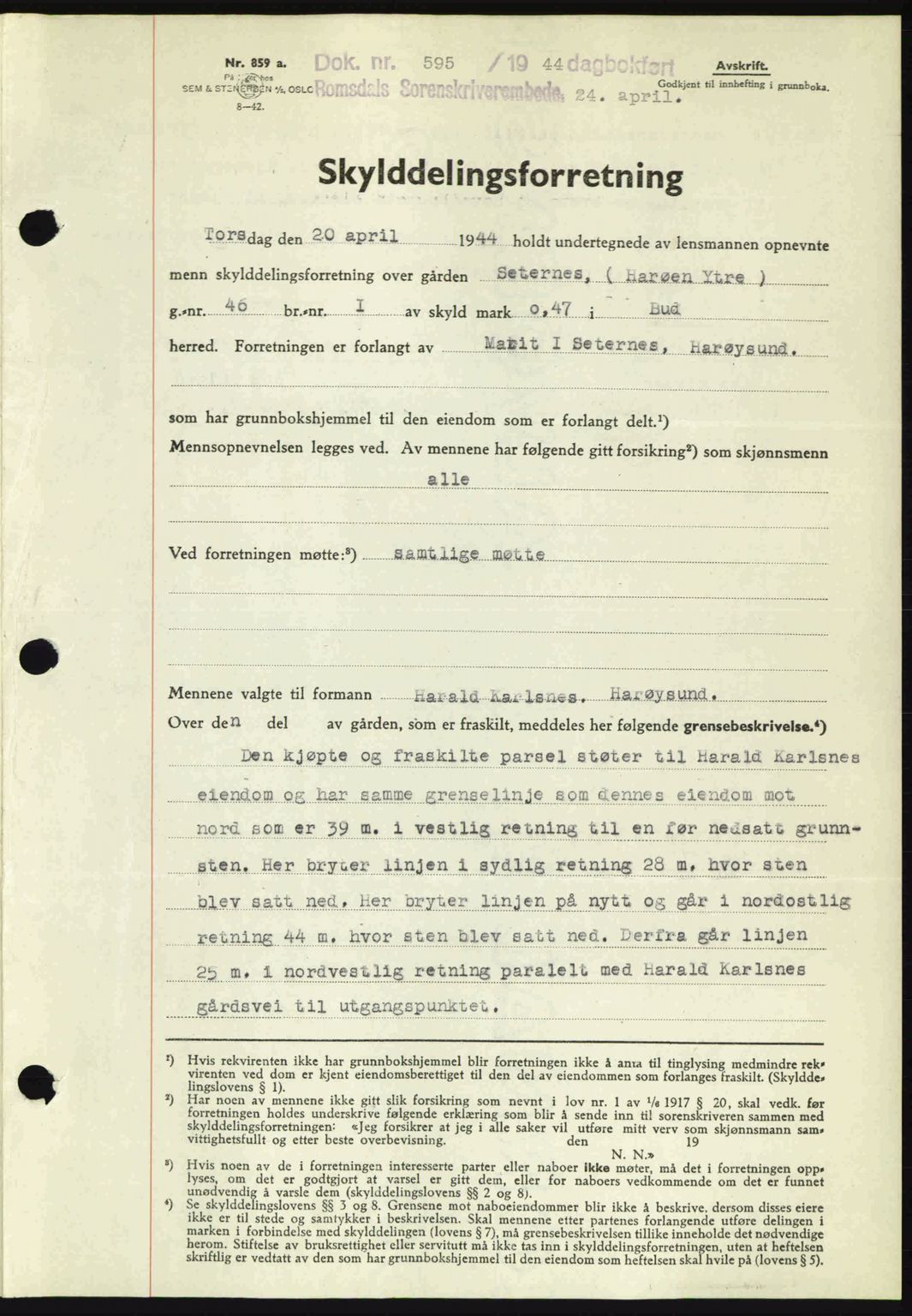 Romsdal sorenskriveri, SAT/A-4149/1/2/2C: Mortgage book no. A16, 1944-1944, Diary no: : 595/1944