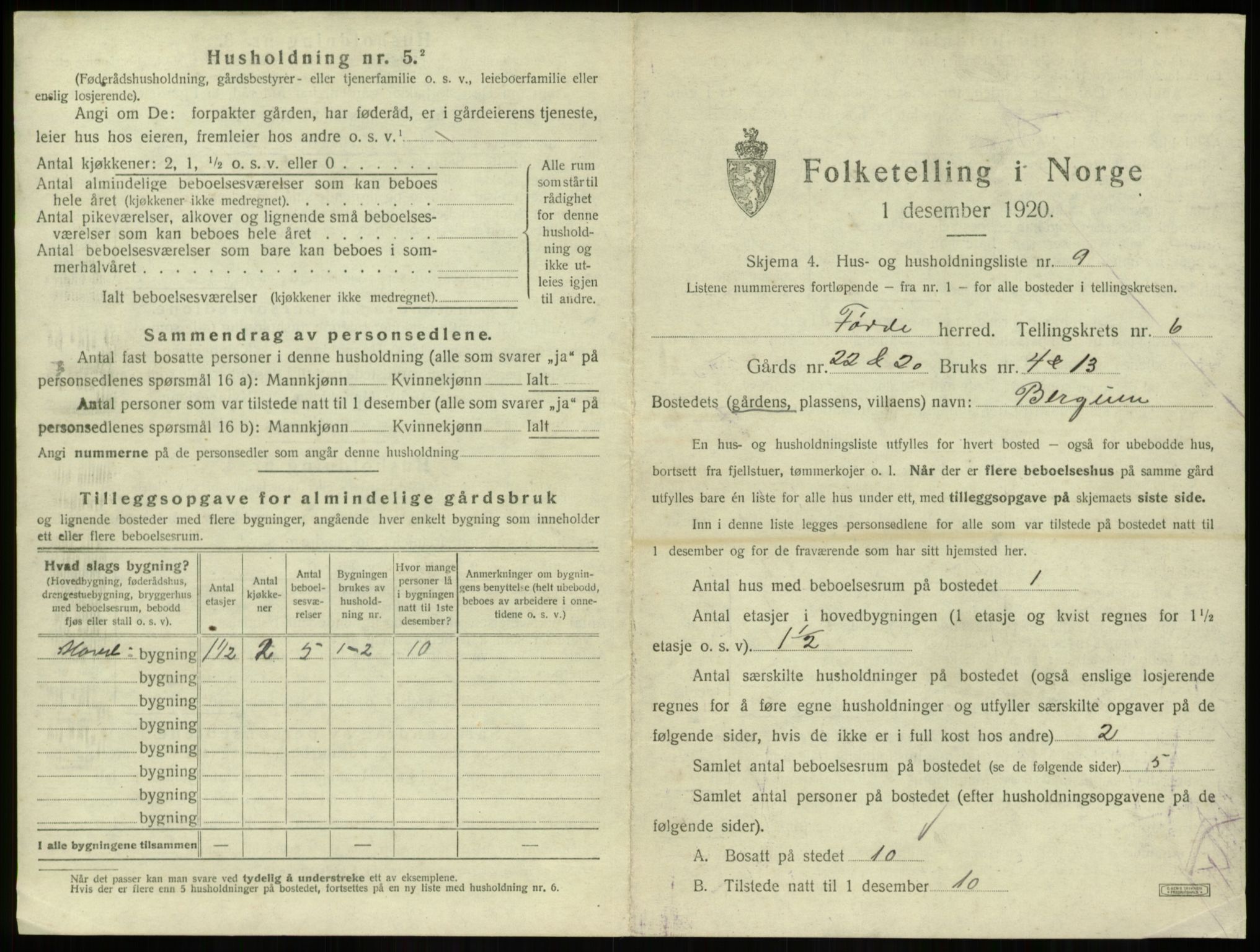 SAB, 1920 census for Førde, 1920, p. 291