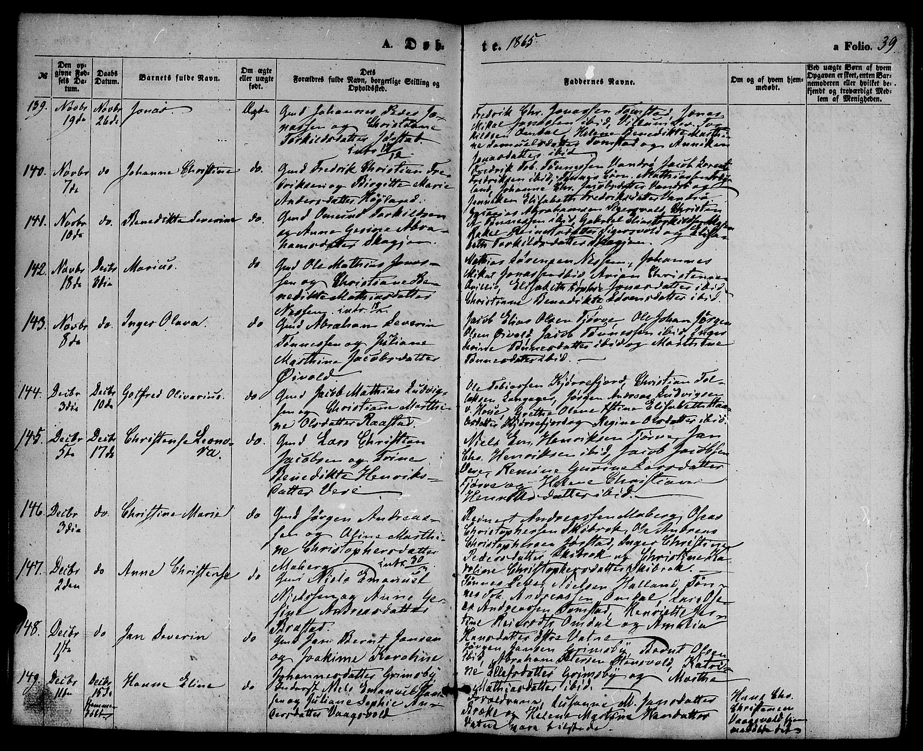 Lista sokneprestkontor, AV/SAK-1111-0027/F/Fb/L0003: Parish register (copy) no. B 3, 1862-1877, p. 39