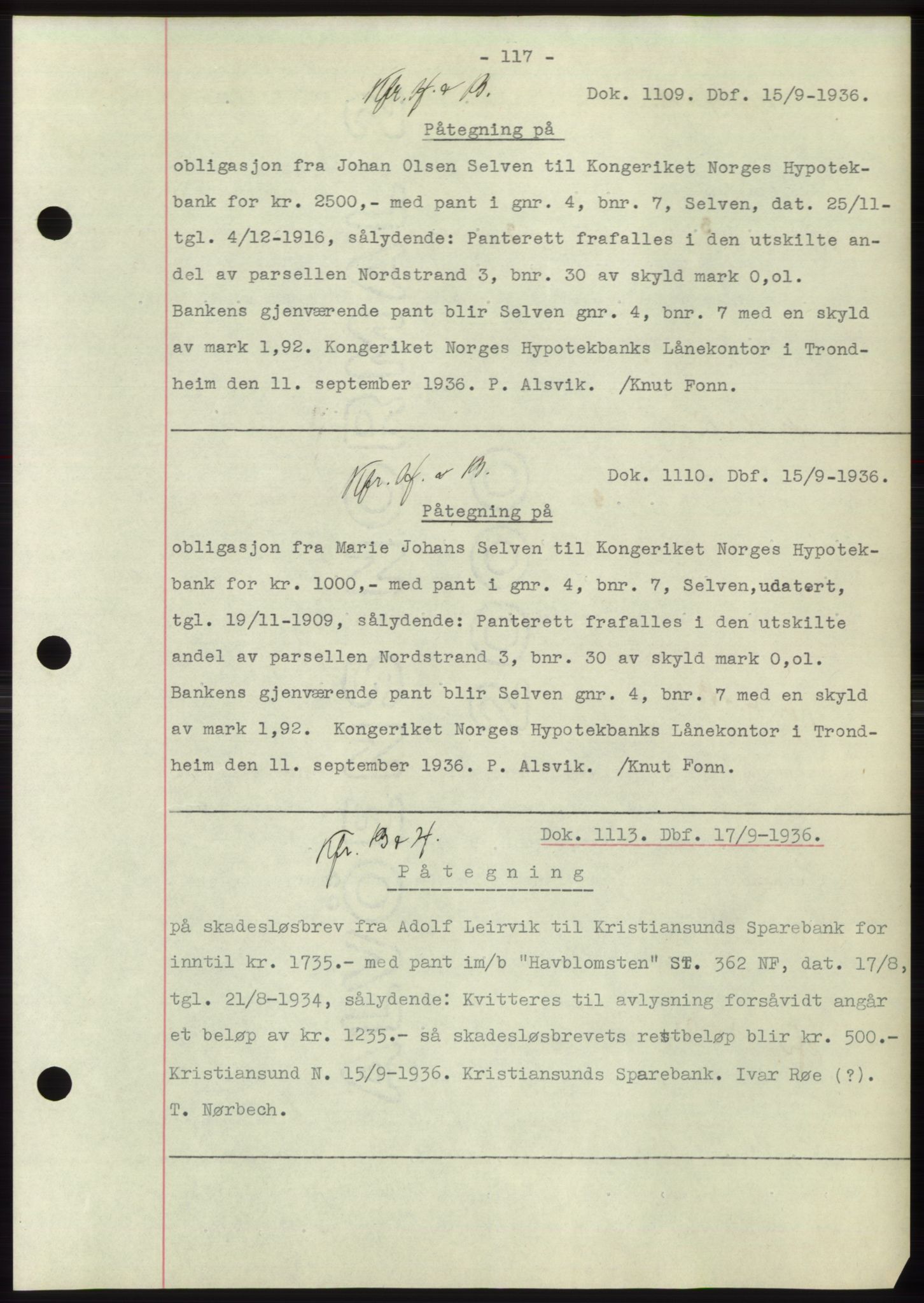 Hitra sorenskriveri, AV/SAT-A-0018/2/2C/2Ca: Mortgage book no. C1, 1936-1945, Diary no: : 1113/1936