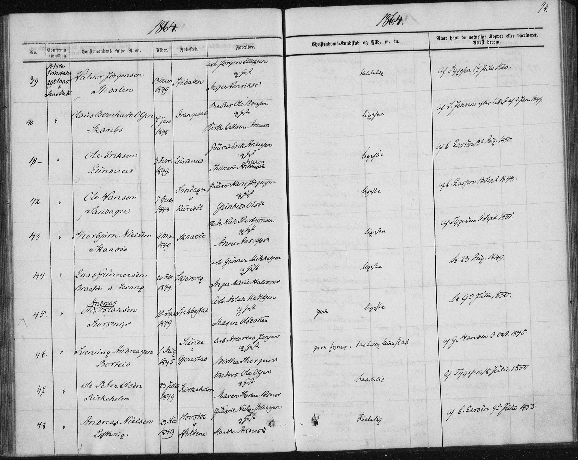 Sannidal kirkebøker, AV/SAKO-A-296/F/Fa/L0009: Parish register (official) no. 9, 1855-1873, p. 94