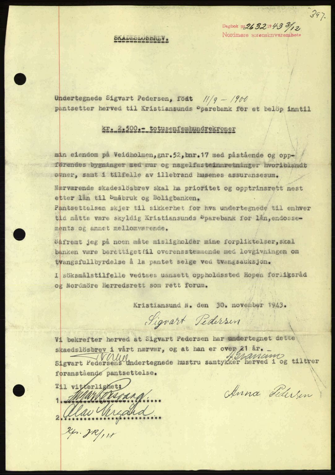 Nordmøre sorenskriveri, AV/SAT-A-4132/1/2/2Ca: Mortgage book no. B91, 1943-1944, Diary no: : 2632/1943