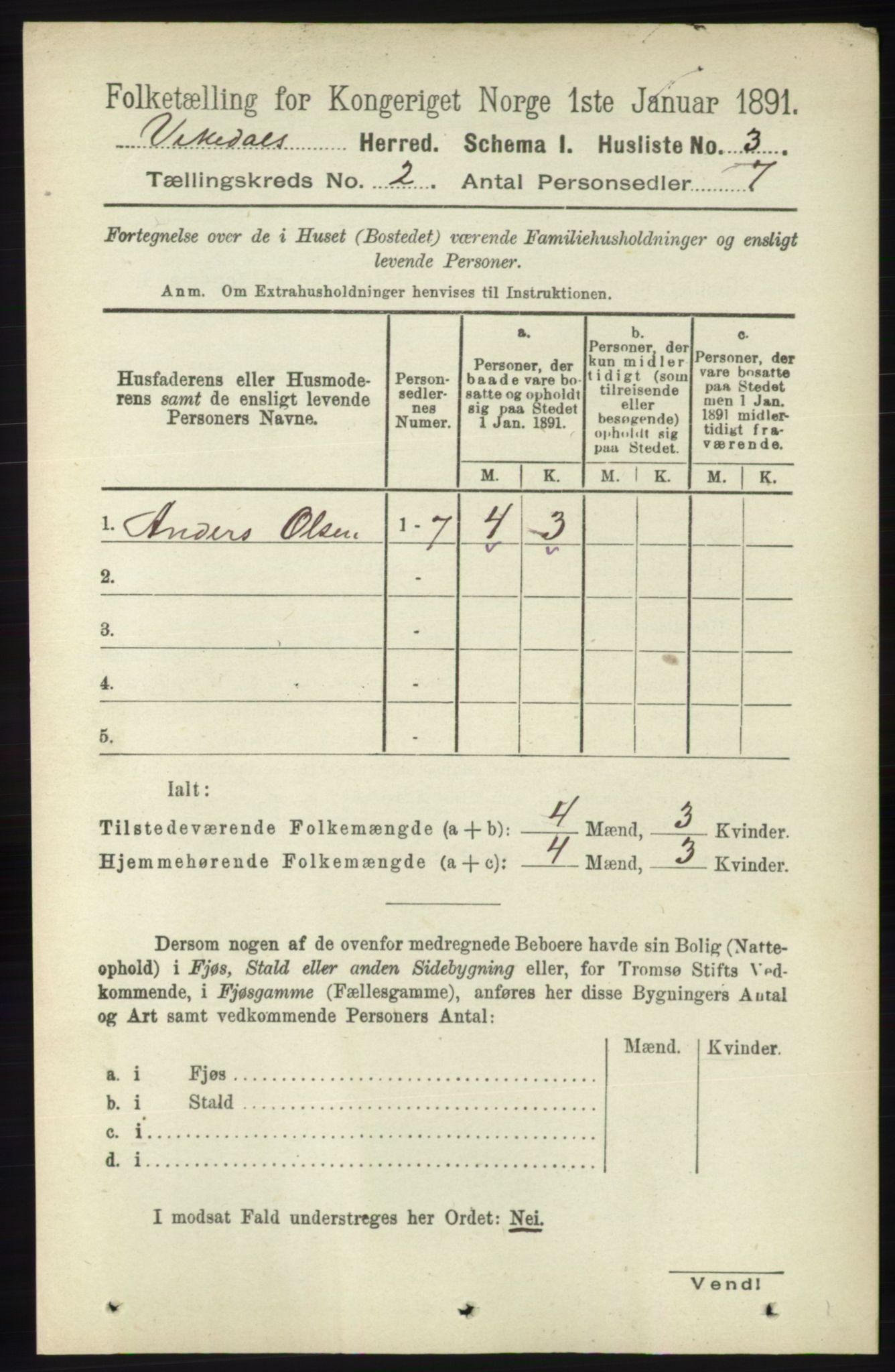 RA, 1891 census for 1157 Vikedal, 1891, p. 197