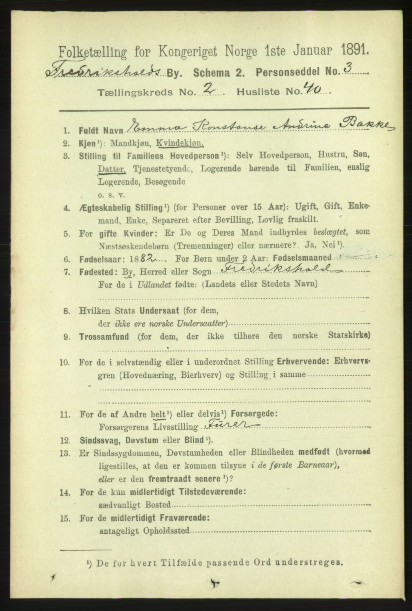 RA, 1891 census for 0101 Fredrikshald, 1891, p. 3186