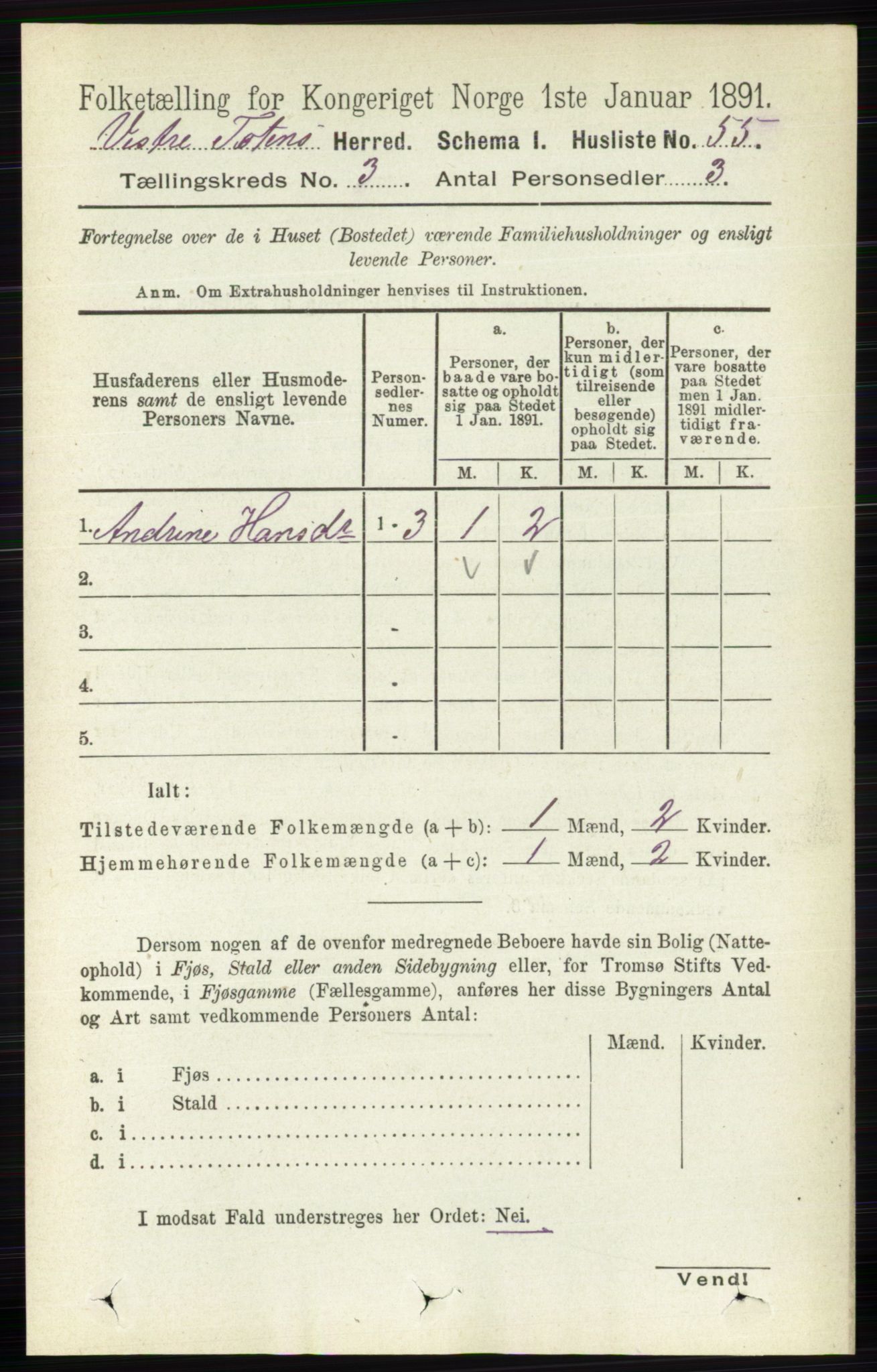 RA, 1891 census for 0529 Vestre Toten, 1891, p. 1919