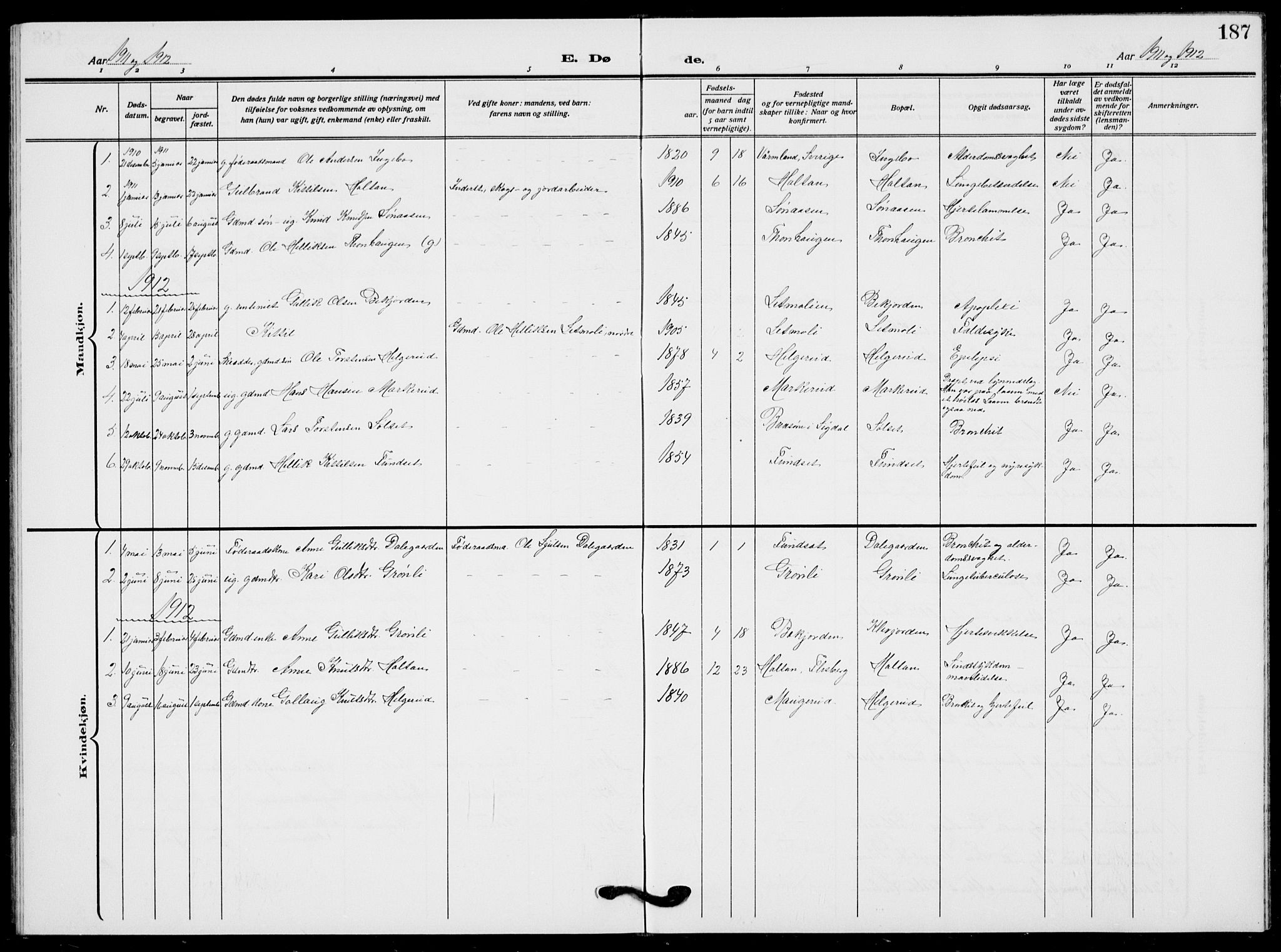 Flesberg kirkebøker, AV/SAKO-A-18/G/Ga/L0006: Parish register (copy) no. I 6, 1909-1924, p. 187