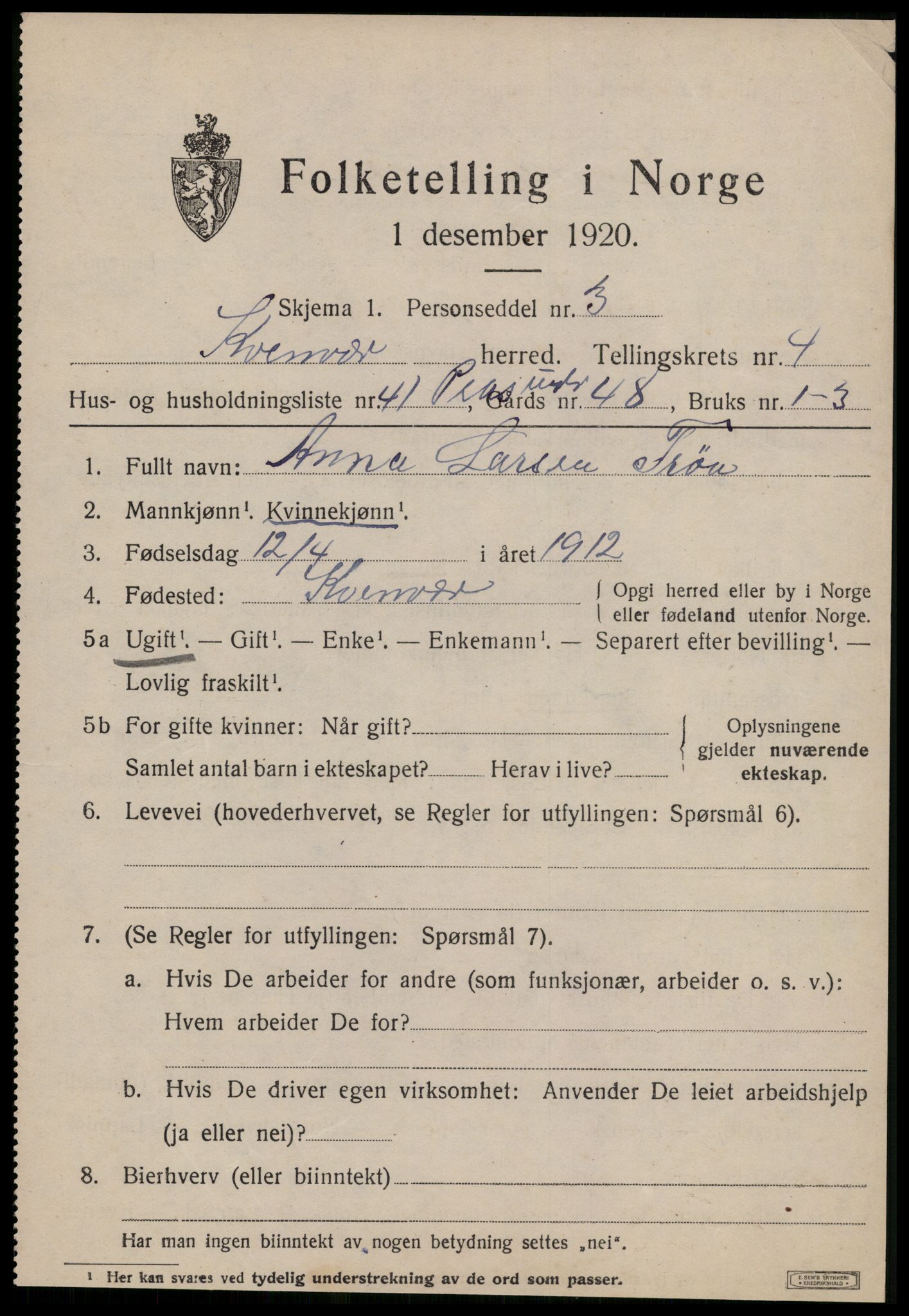 SAT, 1920 census for Kvenvær, 1920, p. 1884