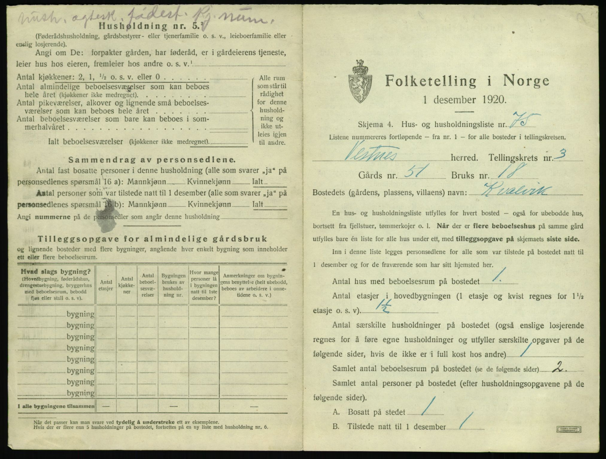 SAT, 1920 census for Vestnes, 1920, p. 461