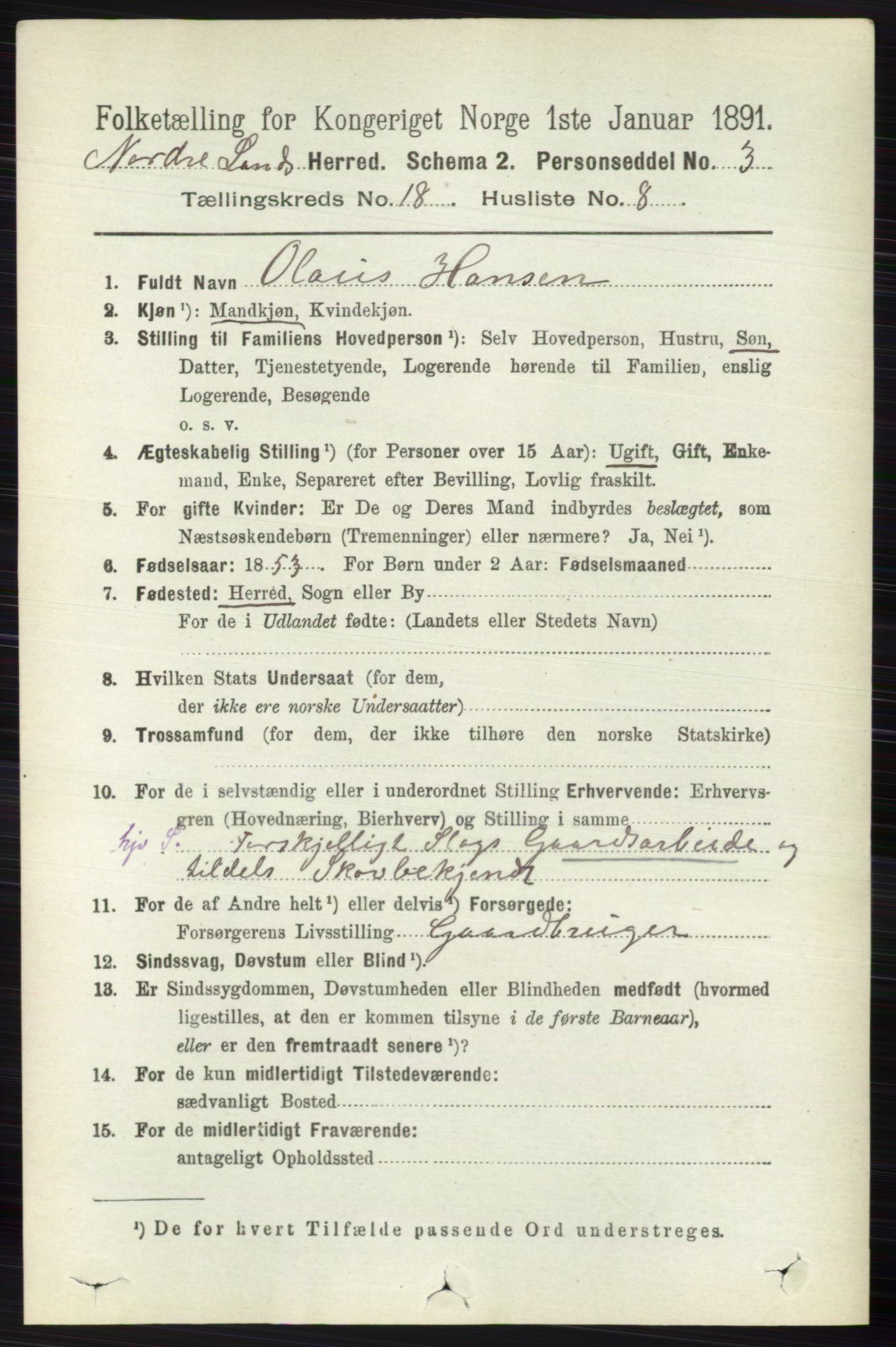 RA, 1891 census for 0538 Nordre Land, 1891, p. 4431