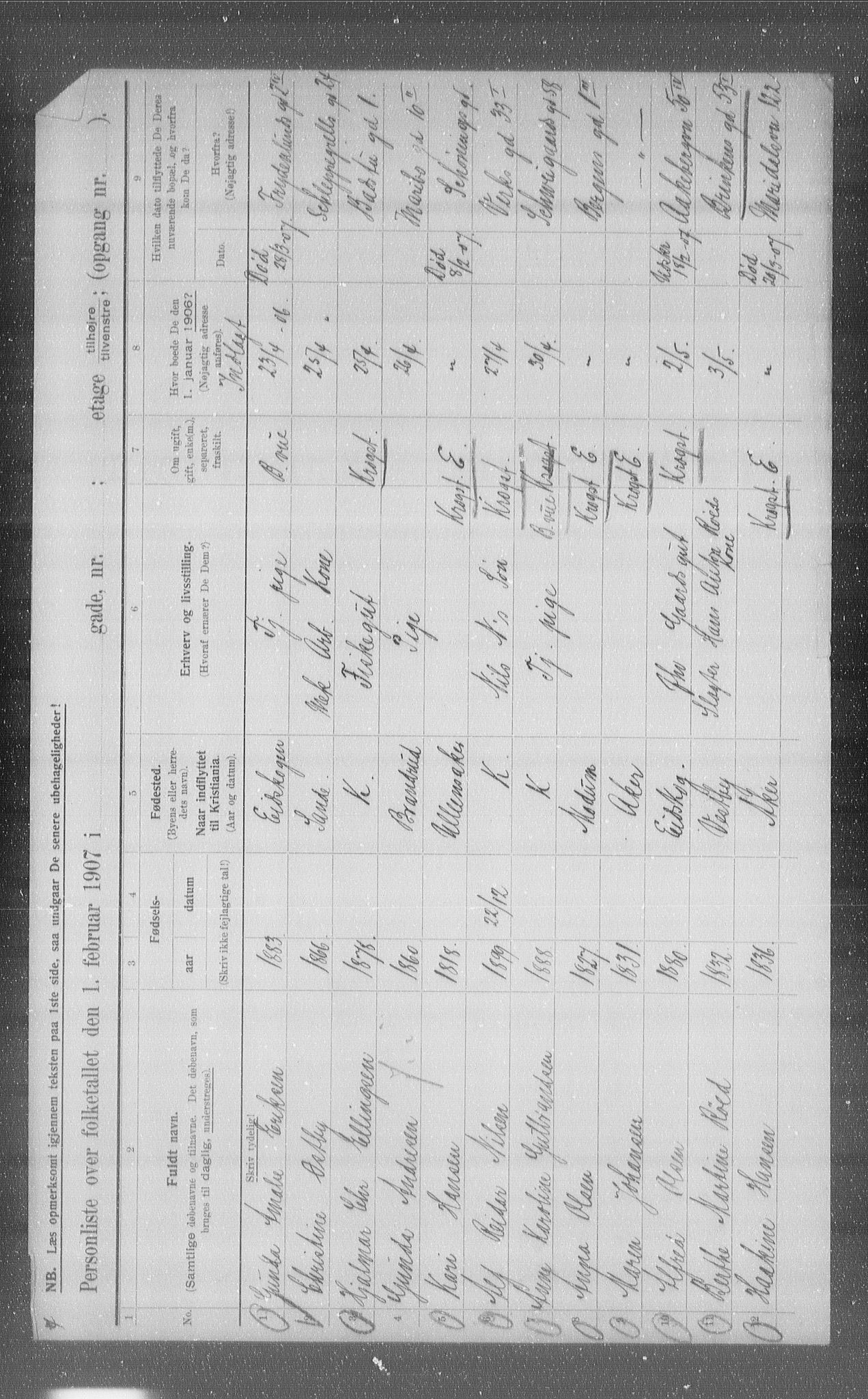 OBA, Municipal Census 1907 for Kristiania, 1907, p. 60405