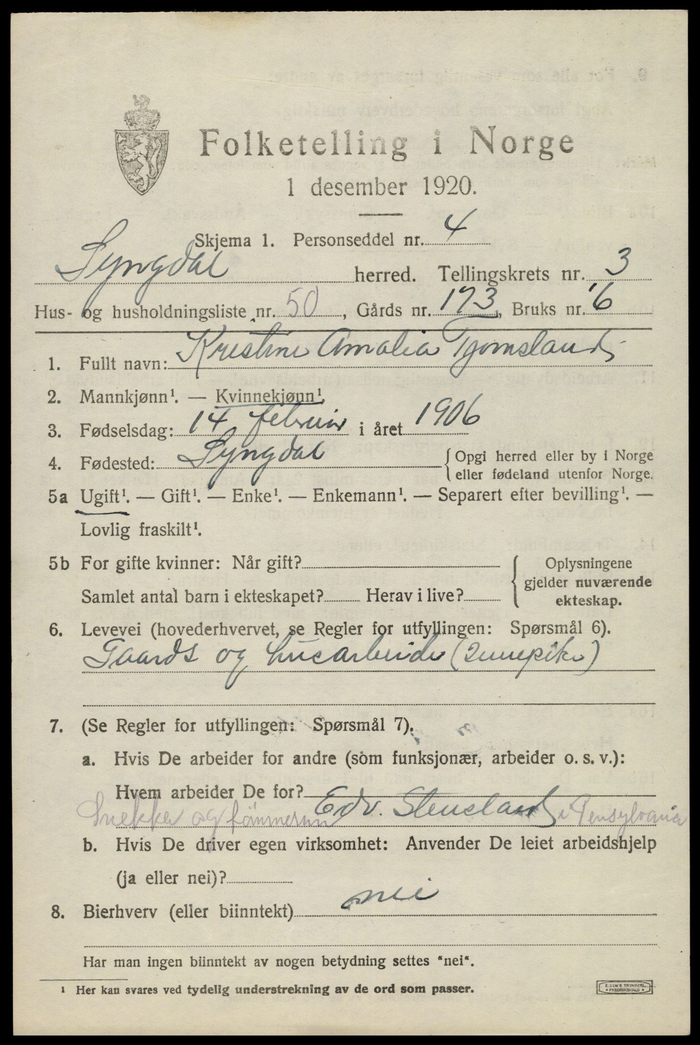 SAK, 1920 census for Lyngdal, 1920, p. 2329