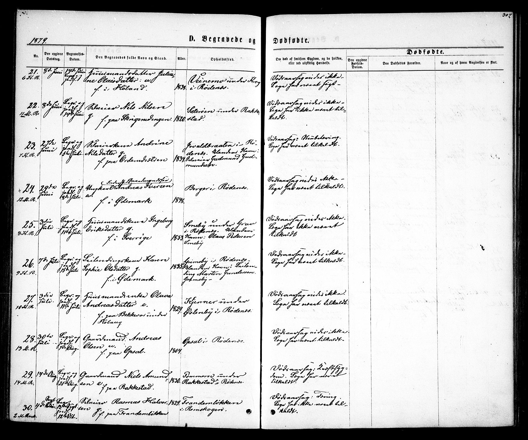 Rødenes prestekontor Kirkebøker, AV/SAO-A-2005/F/Fa/L0008: Parish register (official) no. I 8, 1869-1879, p. 307