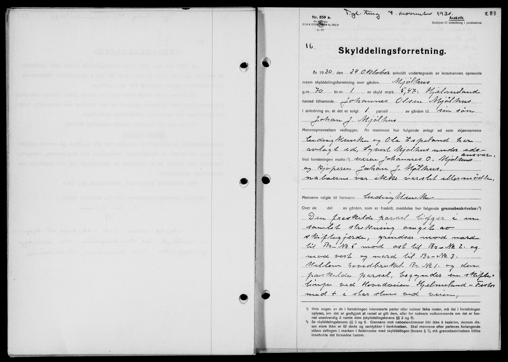 Ryfylke tingrett, SAST/A-100055/001/II/IIB/L0061: Mortgage book no. 40, 1930-1931, Deed date: 07.11.1930