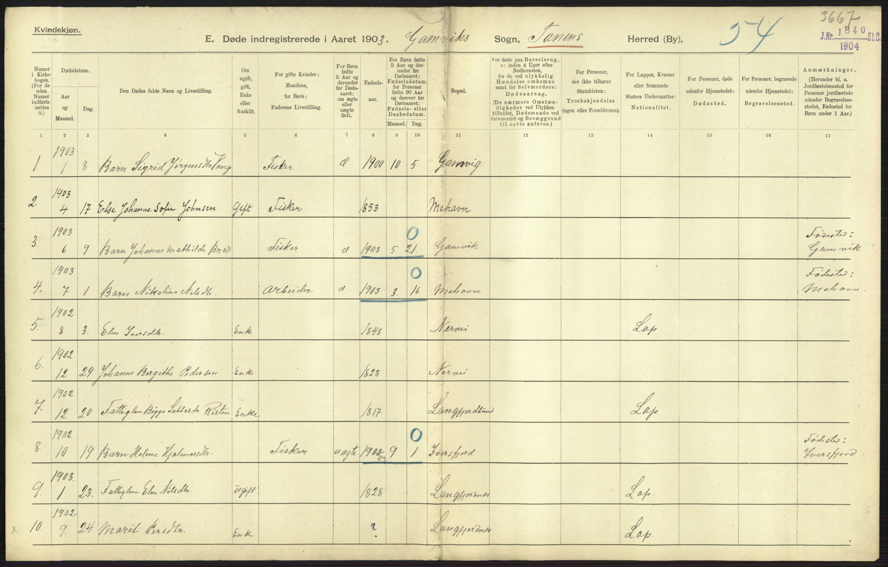 Statistisk sentralbyrå, Sosiodemografiske emner, Befolkning, AV/RA-S-2228/D/Df/Dfa/Dfaa/L0022: Finnmarkens amt: Fødte, gifte, døde., 1903, p. 263