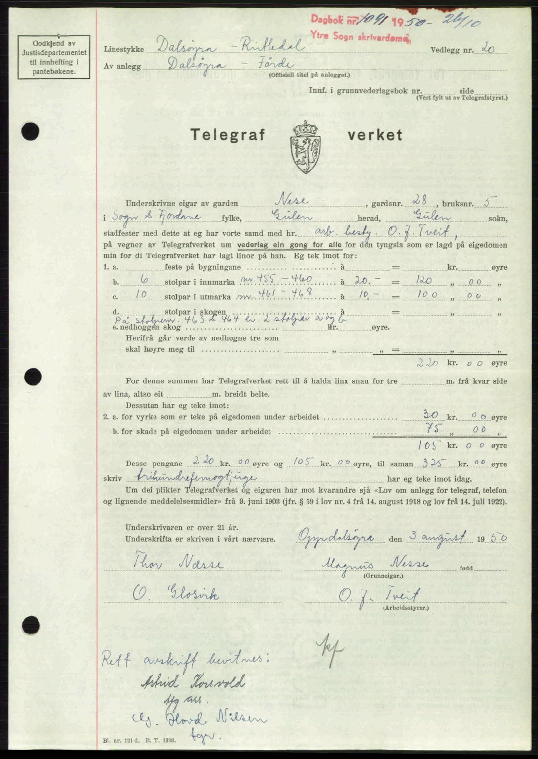 Ytre Sogn tingrett, SAB/A-2601/1/G/Gbb/L0009: Mortgage book no. A6 - A7 (B4), 1950-1950, Diary no: : 1091/1950