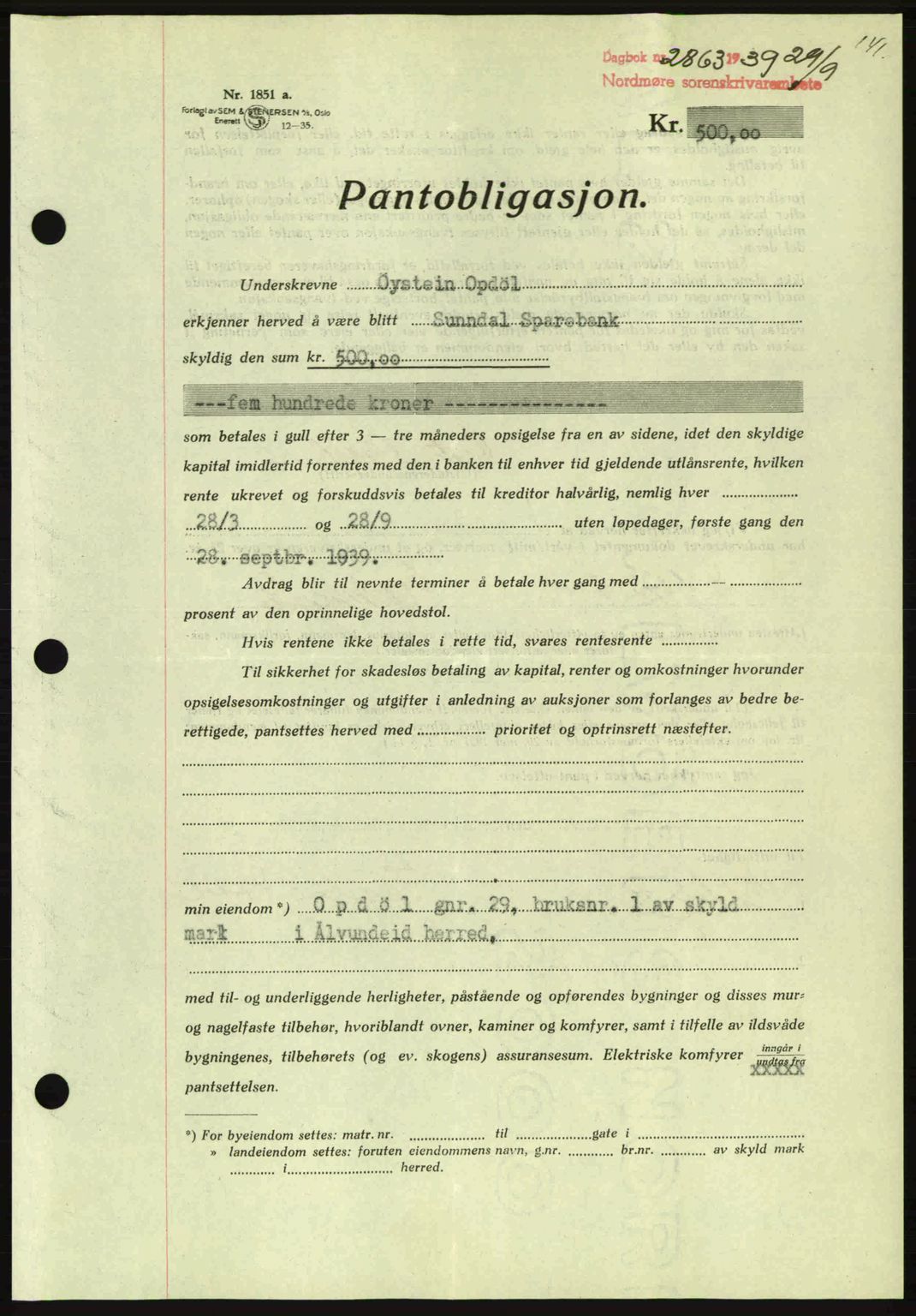 Nordmøre sorenskriveri, AV/SAT-A-4132/1/2/2Ca: Mortgage book no. B86, 1939-1940, Diary no: : 2863/1939